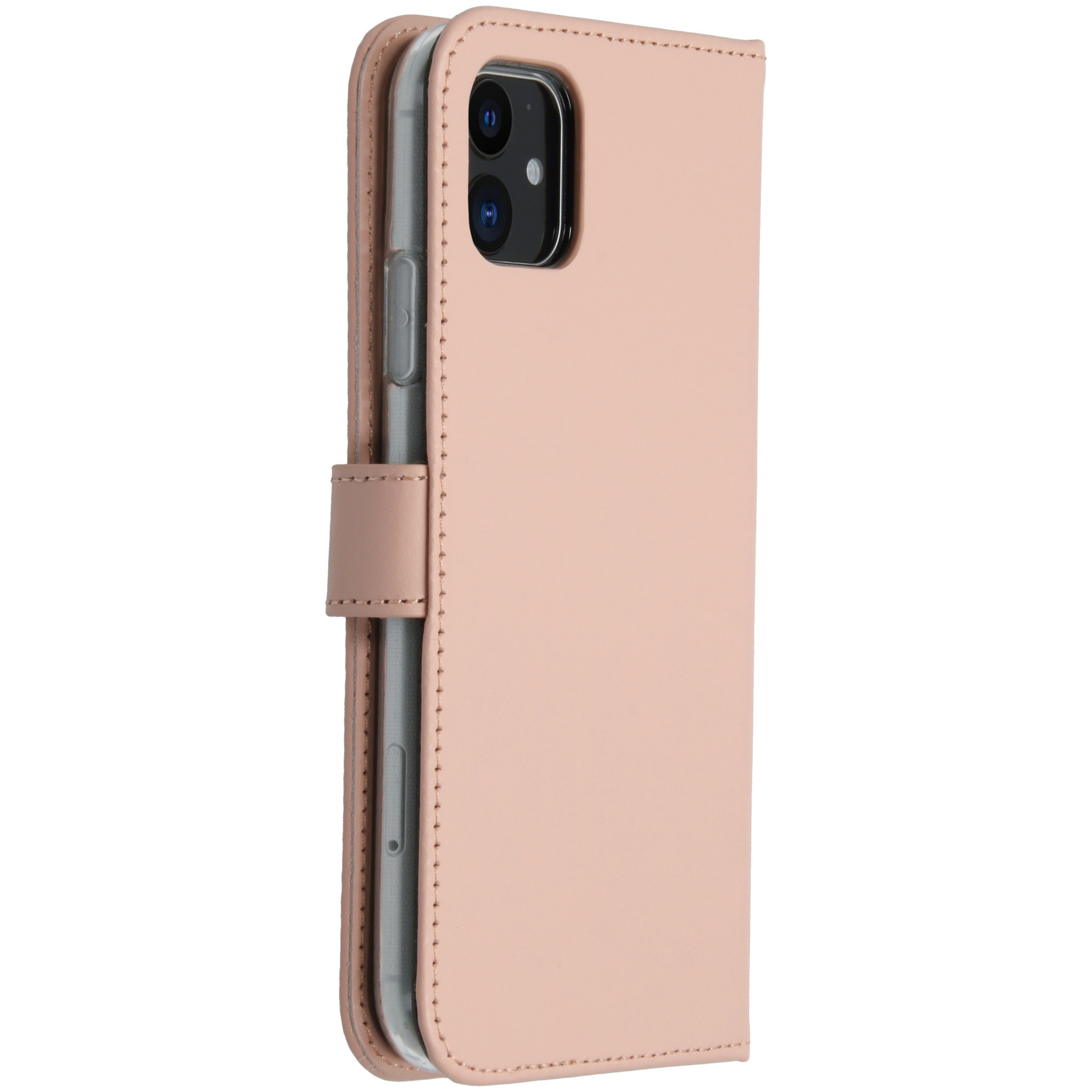 Un étui de téléphone rose, ouvert, montrant le téléphone à l'intérieur. L'étui est de style portefeuille.