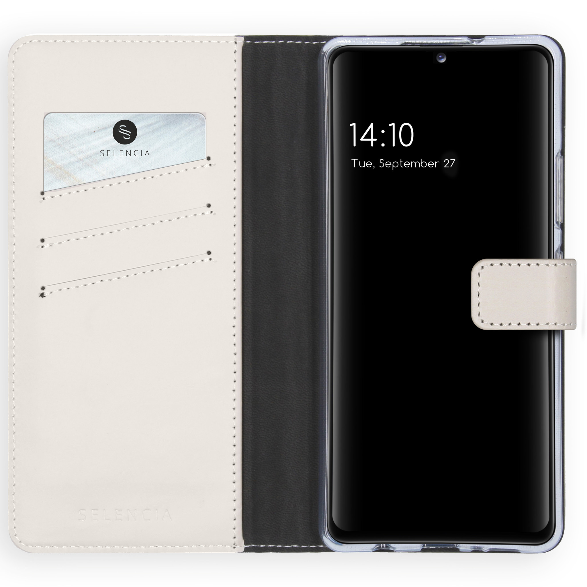 Téléphone dans un étui avec fentes pour cartes de crédit. L'écran affiche l'heure et la date.