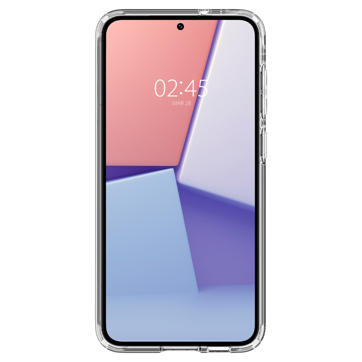 Ein Telefon in einer durchsichtigen Hülle, das einen bunten, abstrakten Hintergrund zeigt.