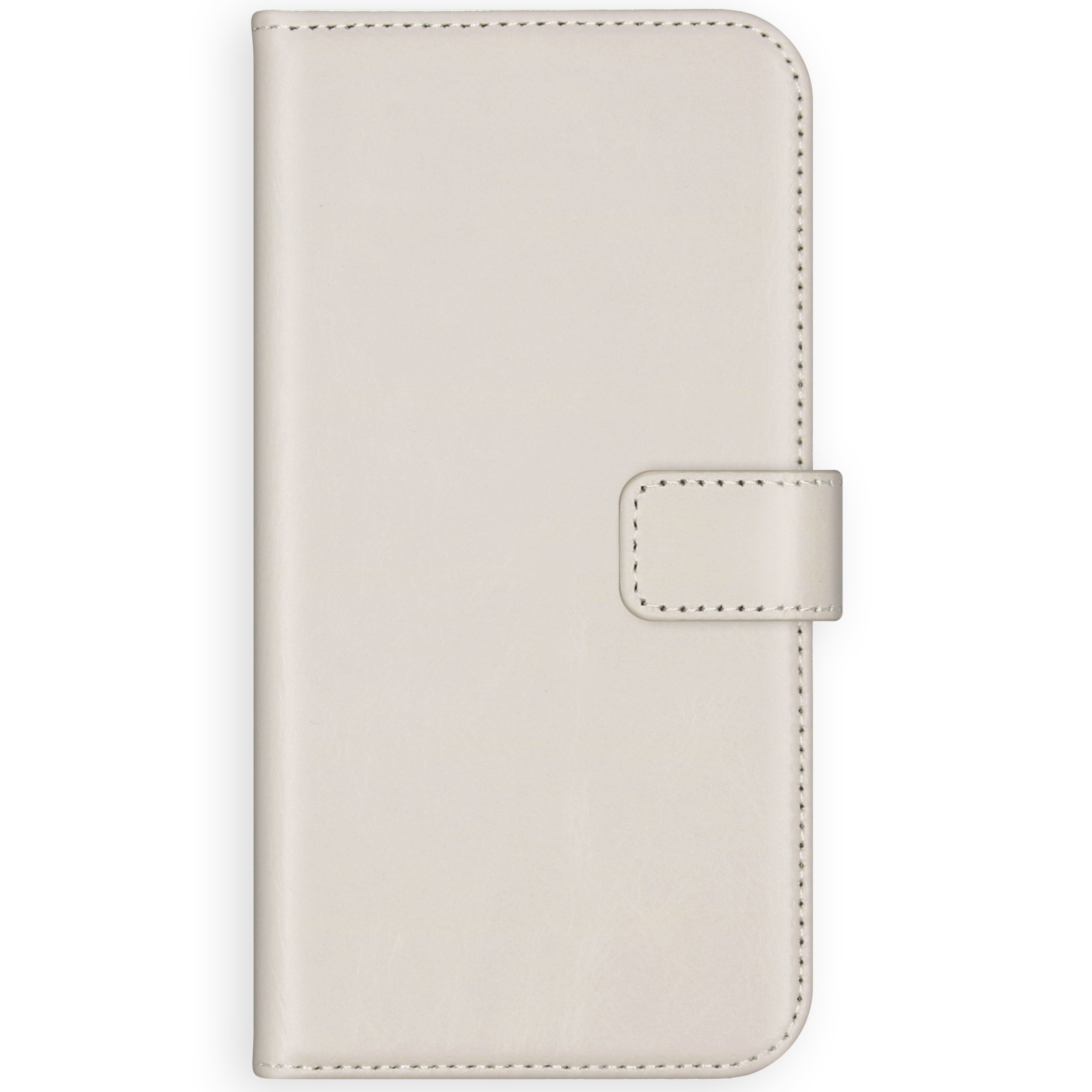 Un étui de téléphone beige clair avec une fermeture à sangle magnétique, l'étui est fermé.