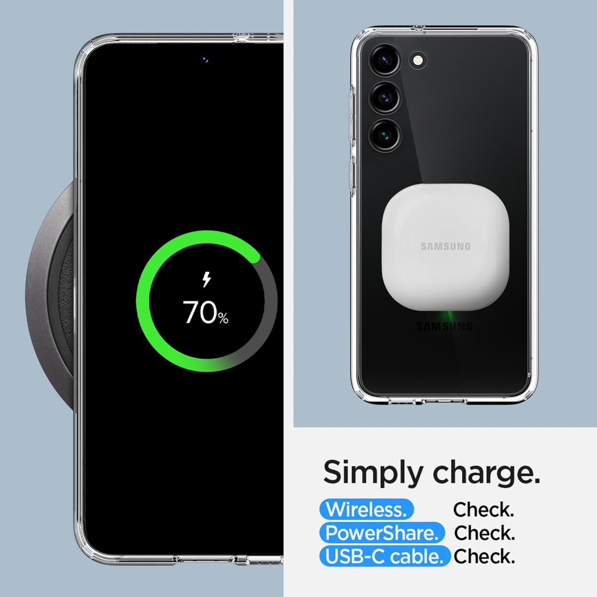 Ein Telefon, das auf einem kabellosen Ladegerät geladen wird. Telefon links zeigt 70% Ladung. Weißes Ladegerät rechts.