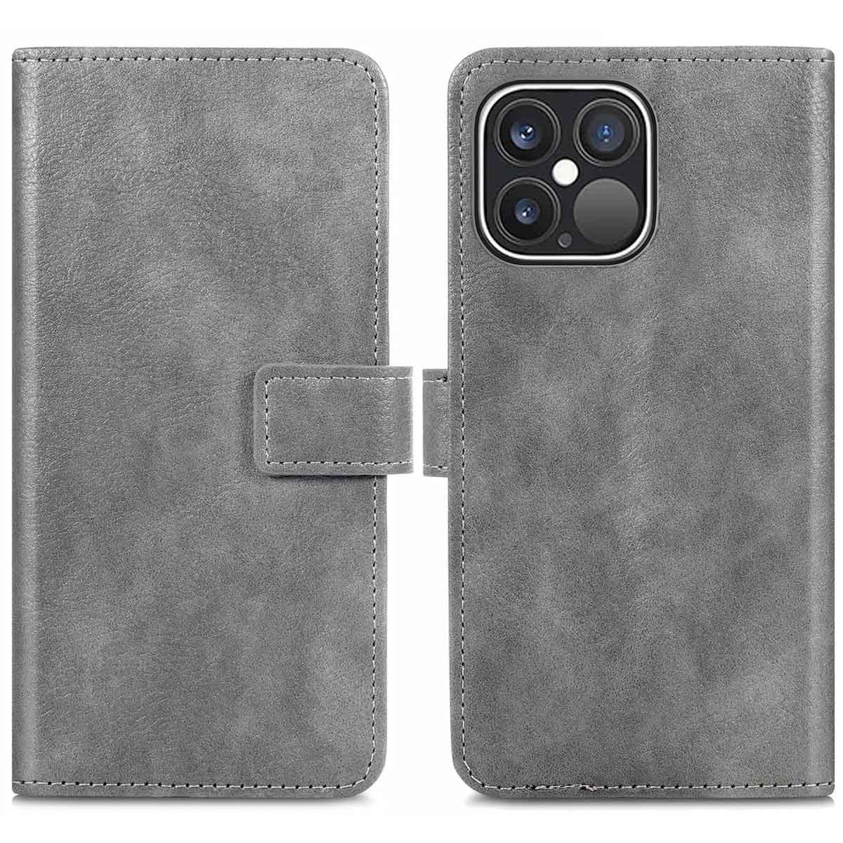 Grijze leren telefoonhoes, open. Toont telefoonhouder en ruimte. Het heeft een magnetische sluiting.