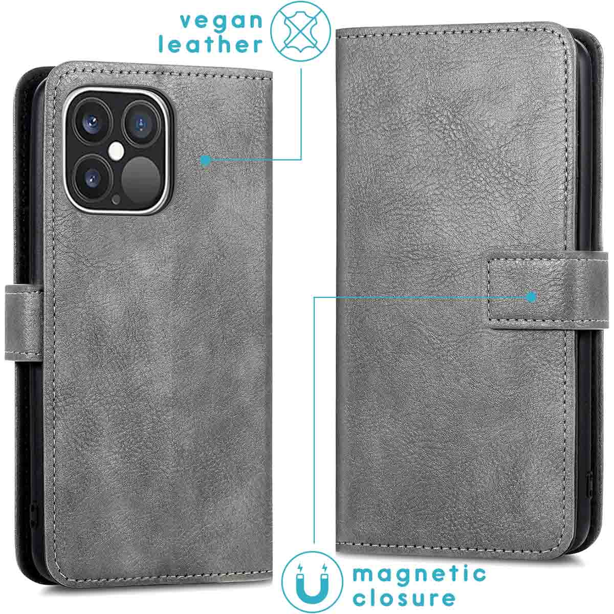 Grijze telefoonhoes open, met telefoon, veganistisch leer en magnetische sluiting.