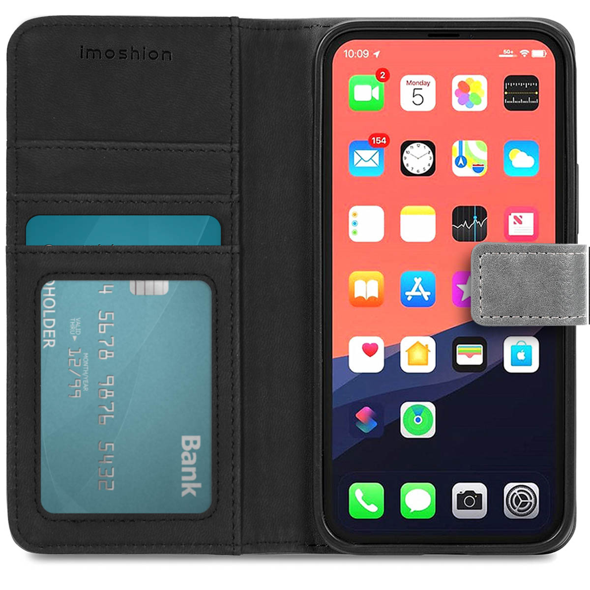 Zwarte telefoonhoes met een telefoon erin, open met creditcards en een bankpas zichtbaar.