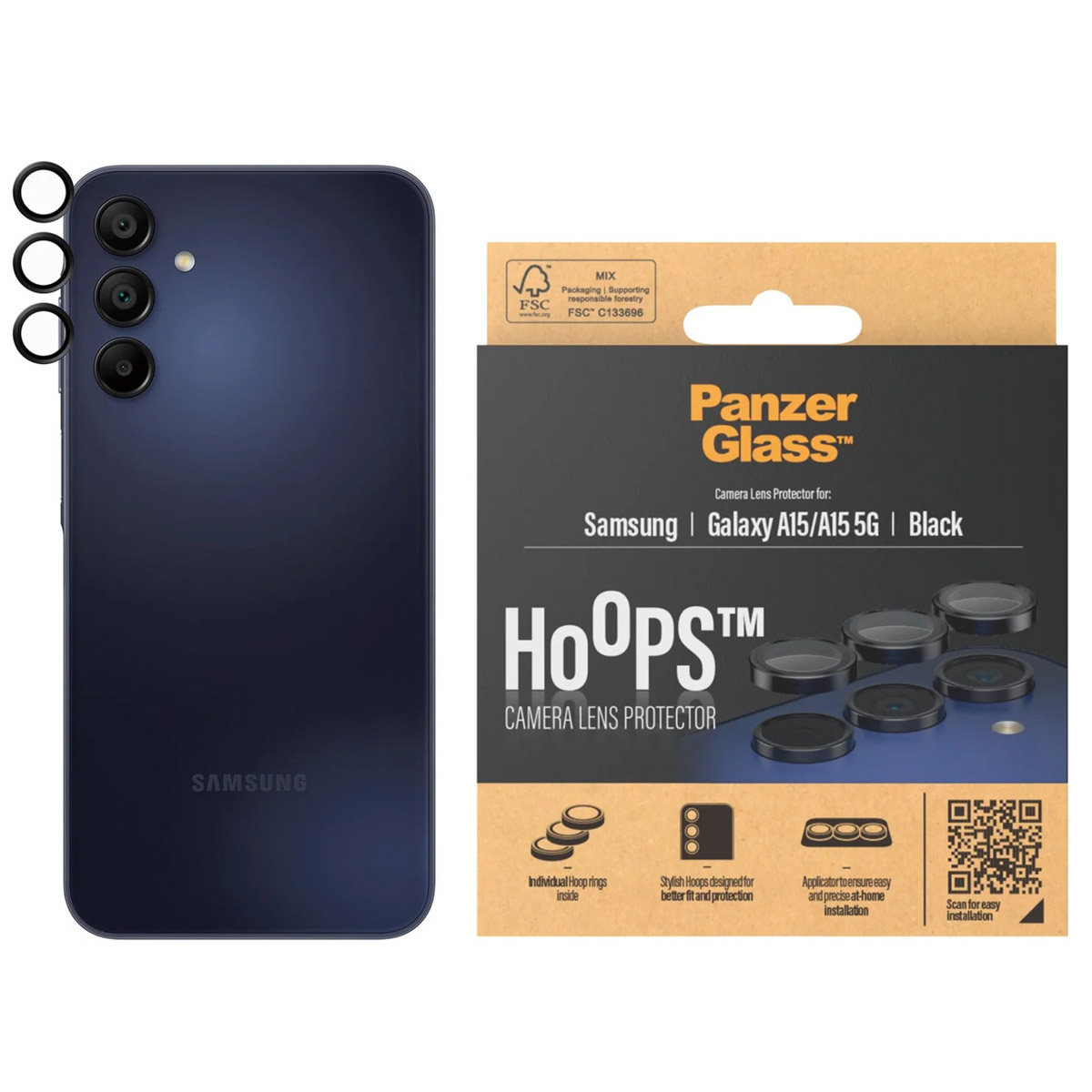 Un teléfono Samsung azul oscuro con un protector de lente de cámara y una caja negra, con aros negros.