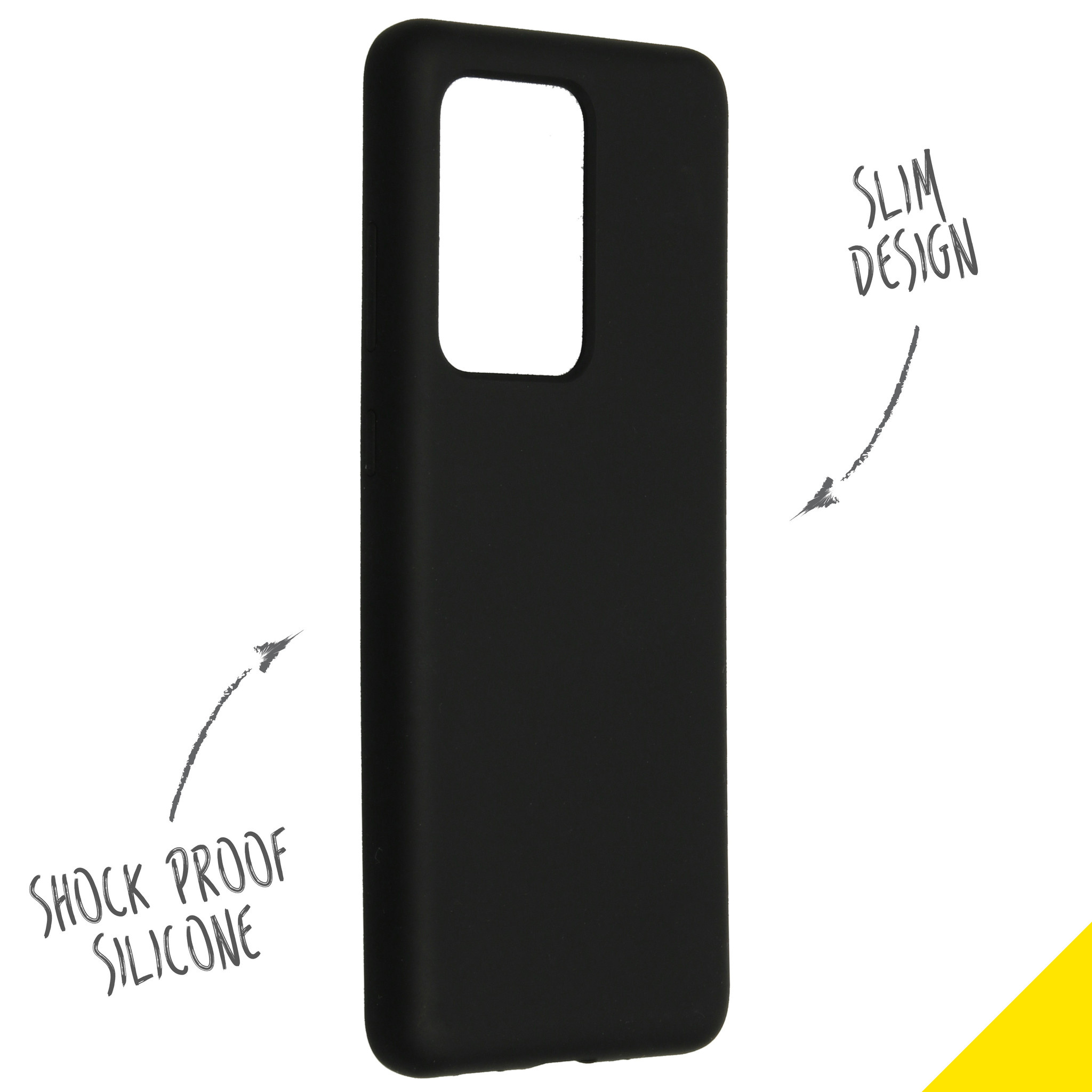 Zwarte telefoonhoes. Tekst zegt schokbestendige siliconen en slank design.