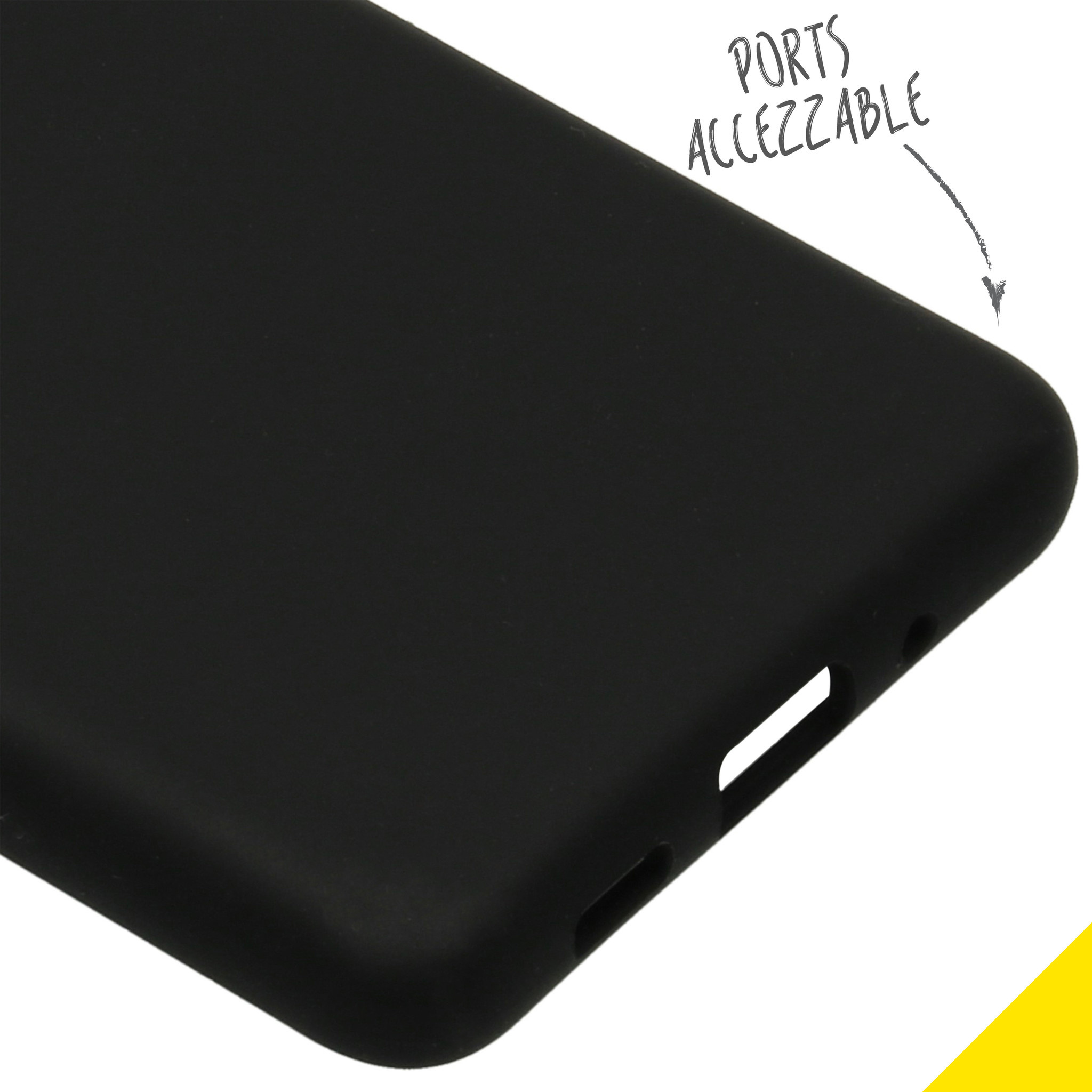 Close-up van een zwarte telefoonhoes. Poorten zijn toegankelijk.