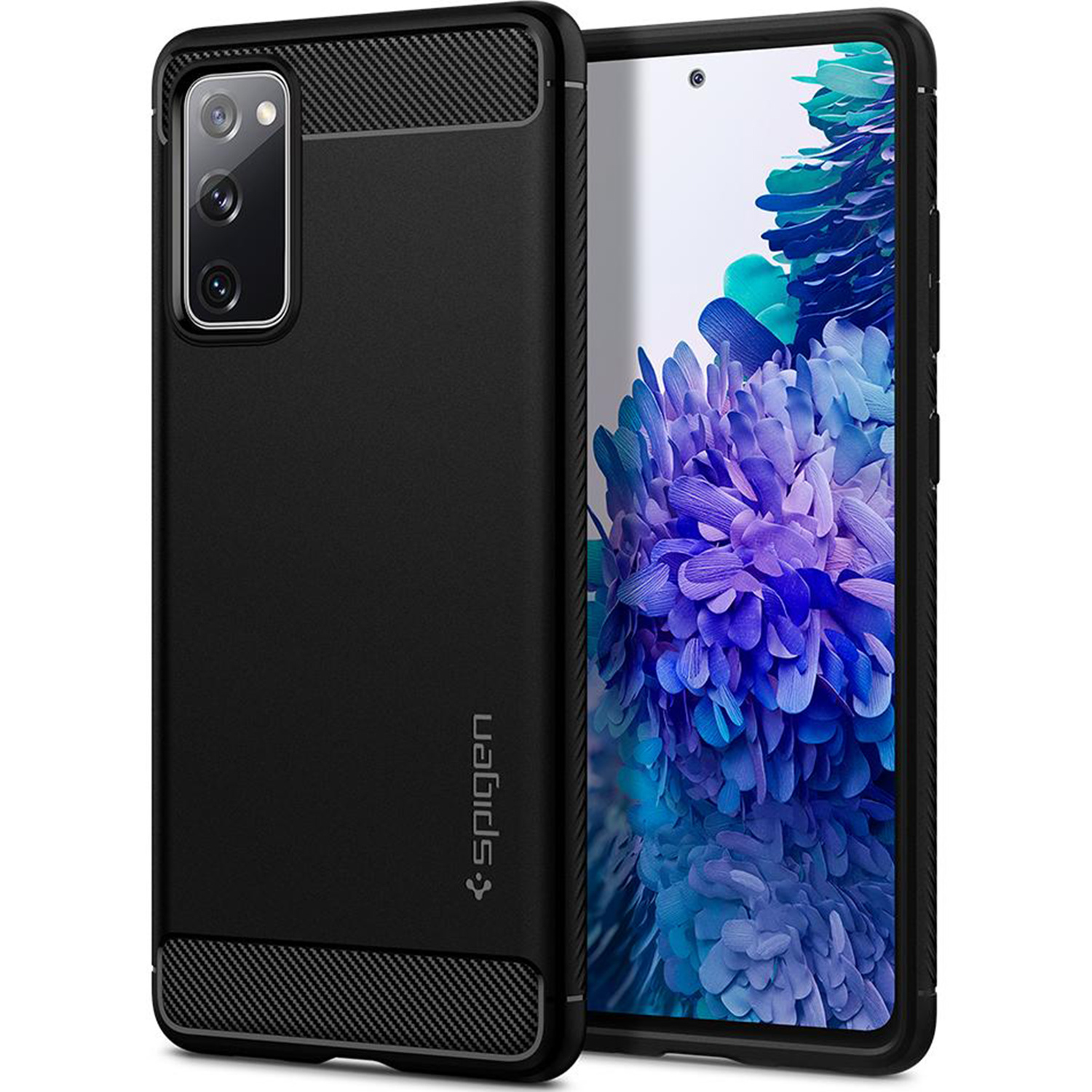 Zwarte telefoonhoes op een telefoon. De hoes heeft een textuurpatroon. Het scherm van de telefoon is zichtbaar.