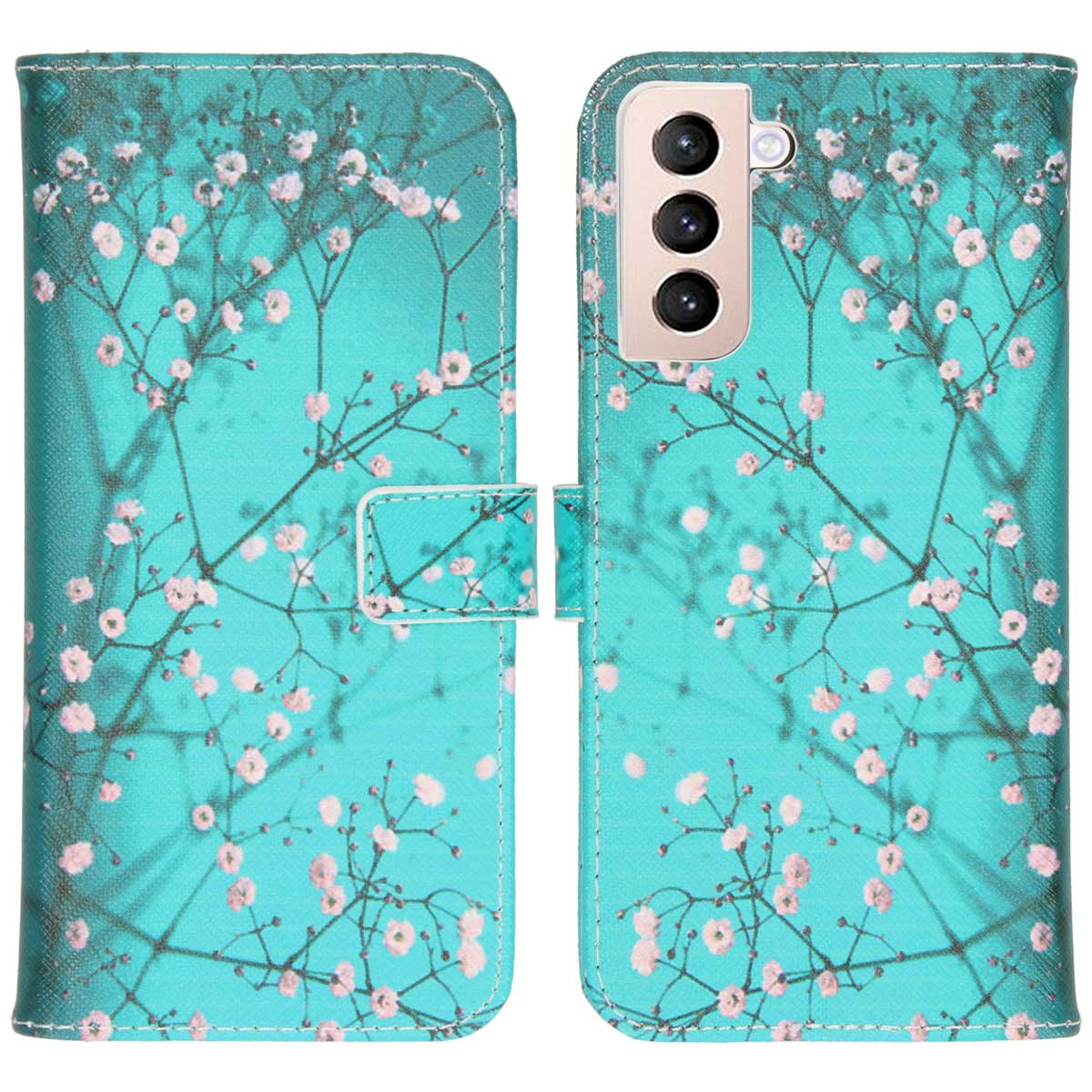 Étui de téléphone ouvert avec motif floral sur fond turquoise, un téléphone à l'intérieur.