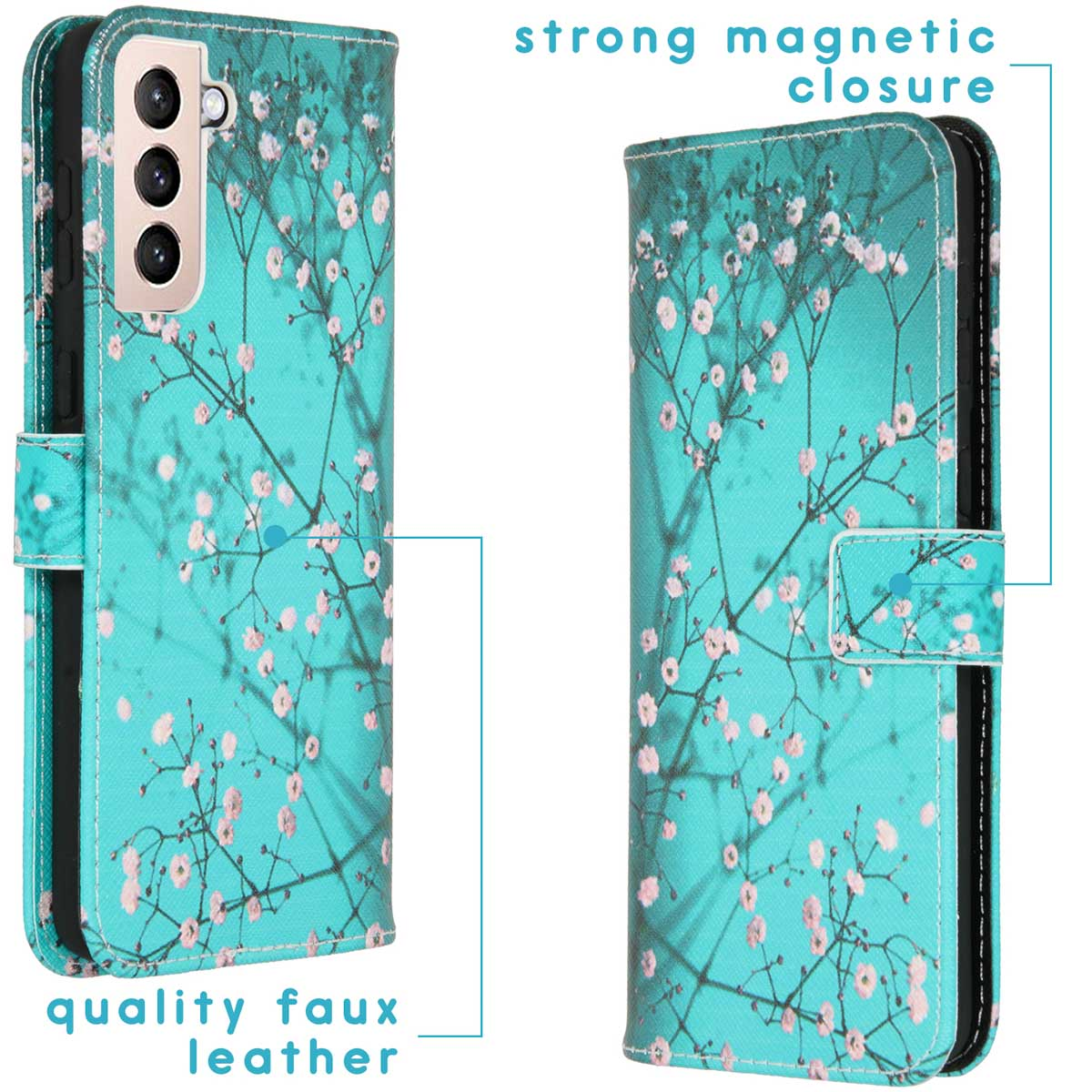 Étui de téléphone floral turquoise, ouvert et fermé. Dispose d'une fermeture magnétique solide.