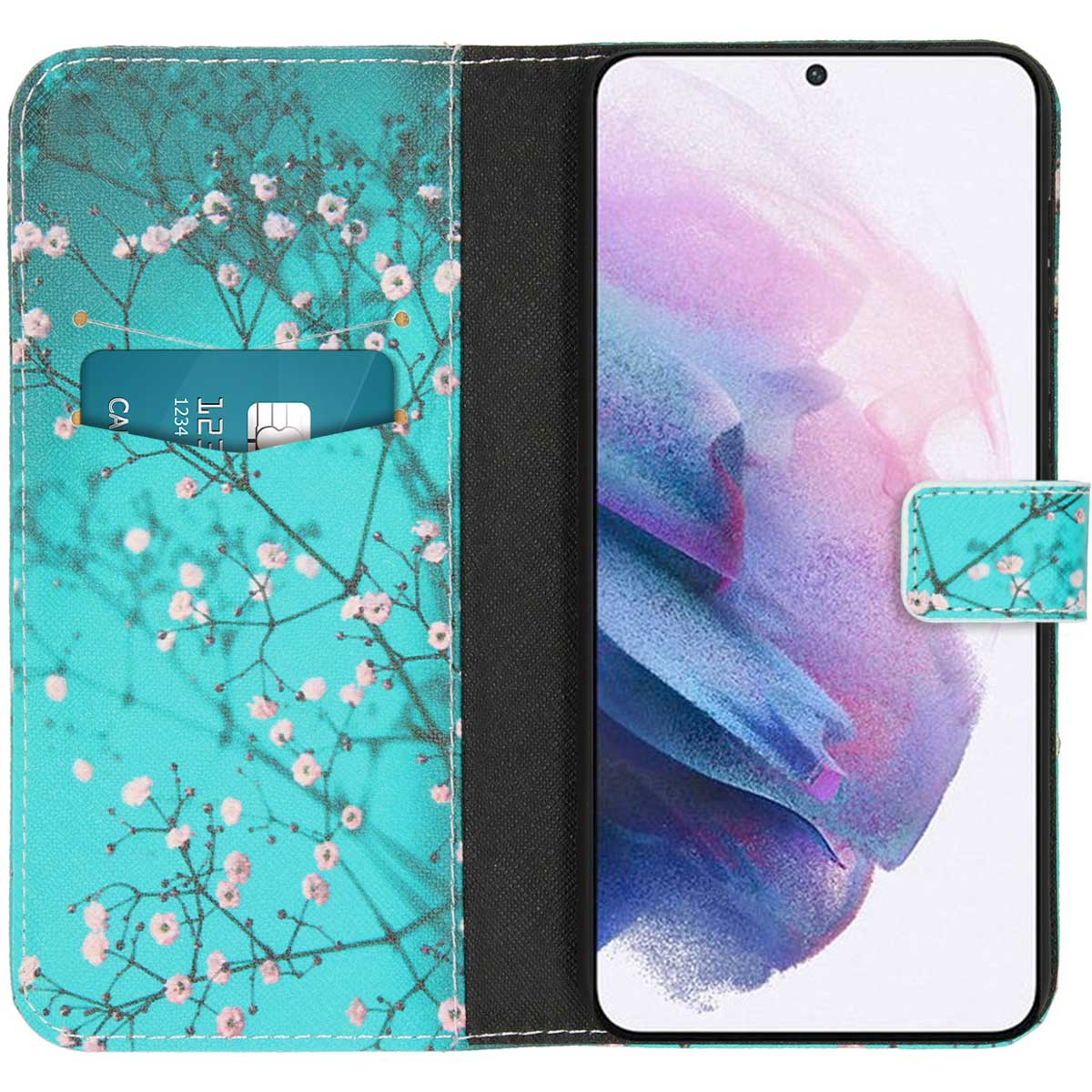 Coque de téléphone sarcelle avec motif floral. La coque est ouverte, montrant une carte de crédit dans une fente et l'écran du téléphone.