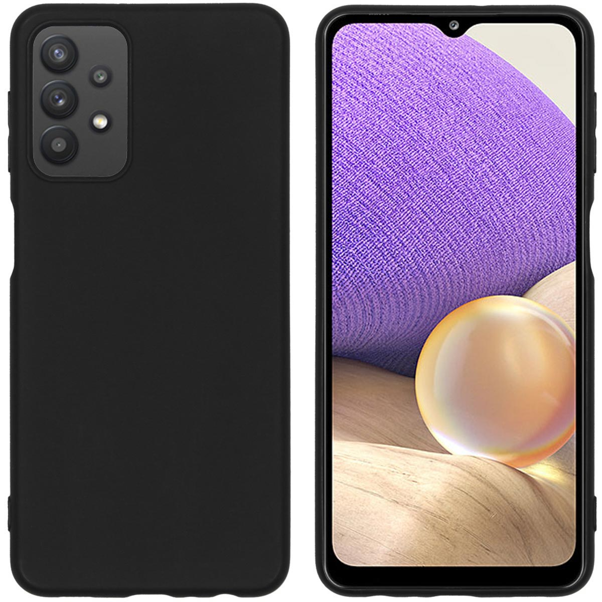 Zwarte telefoonhoes en een telefoon. Het telefoonscherm toont een paars en goud thema. De hoes heeft camera-uitsparingen.