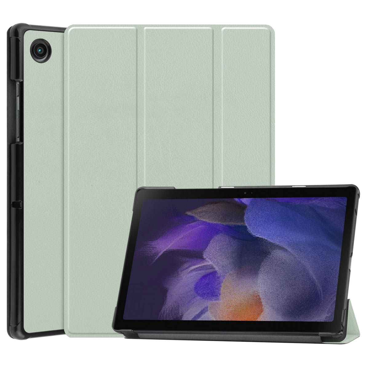 Tablet met open hoes. De tablet is zwart, de hoes lichtgroen. Achtergrond toont de gesloten hoes.