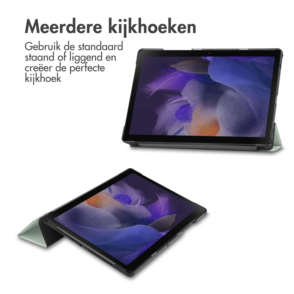 Twee tablets, één in een hoesje. Nederlandse tekst: Meerdere kijkhoeken. Zwarte en groene hoes.