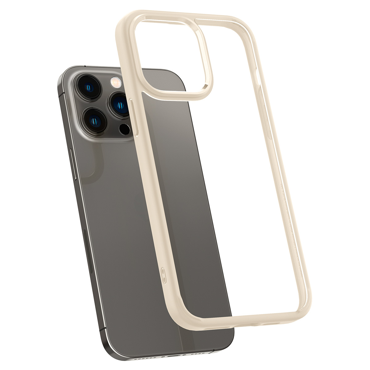 Una custodia per telefono con cornice trasparente e retro beige, leggermente angolata, accanto a un telefono.
