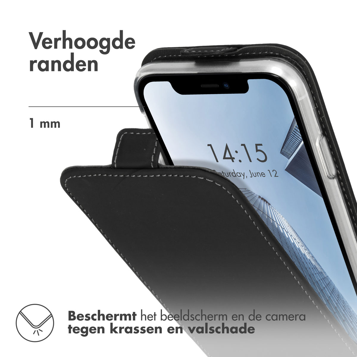 Telefono in custodia nera. Schermo visibile, mostra l'ora. Testo in olandese: Bordi rialzati proteggono.