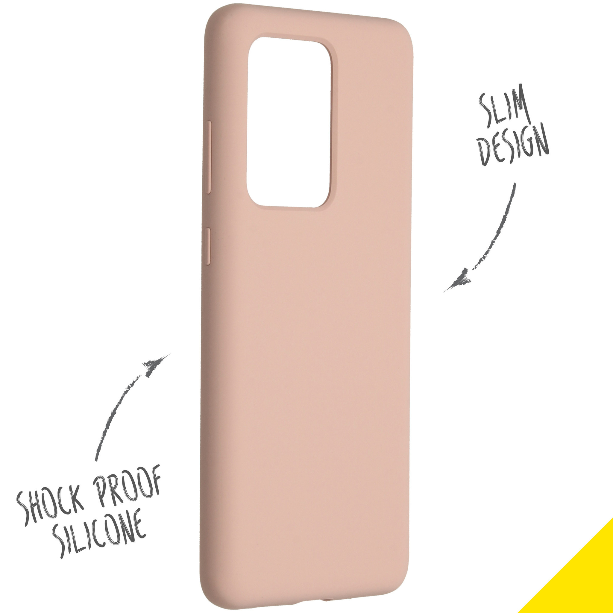 Een roze telefoonhoesje met pijlen die wijzen naar 'Schokbestendige siliconen' en 'Slank ontwerp' op een witte achtergrond.
