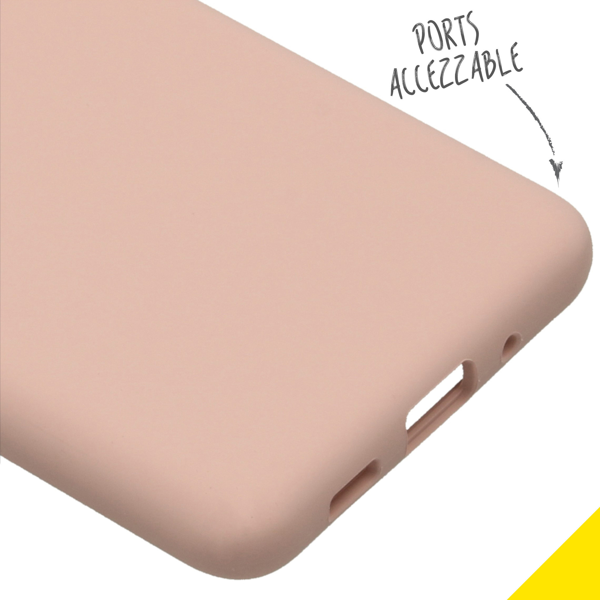 Close-up van een telefoonhoesje. Roze hoesje met toegankelijke poorten. Pijl geeft aan dat poorten toegankelijk zijn.