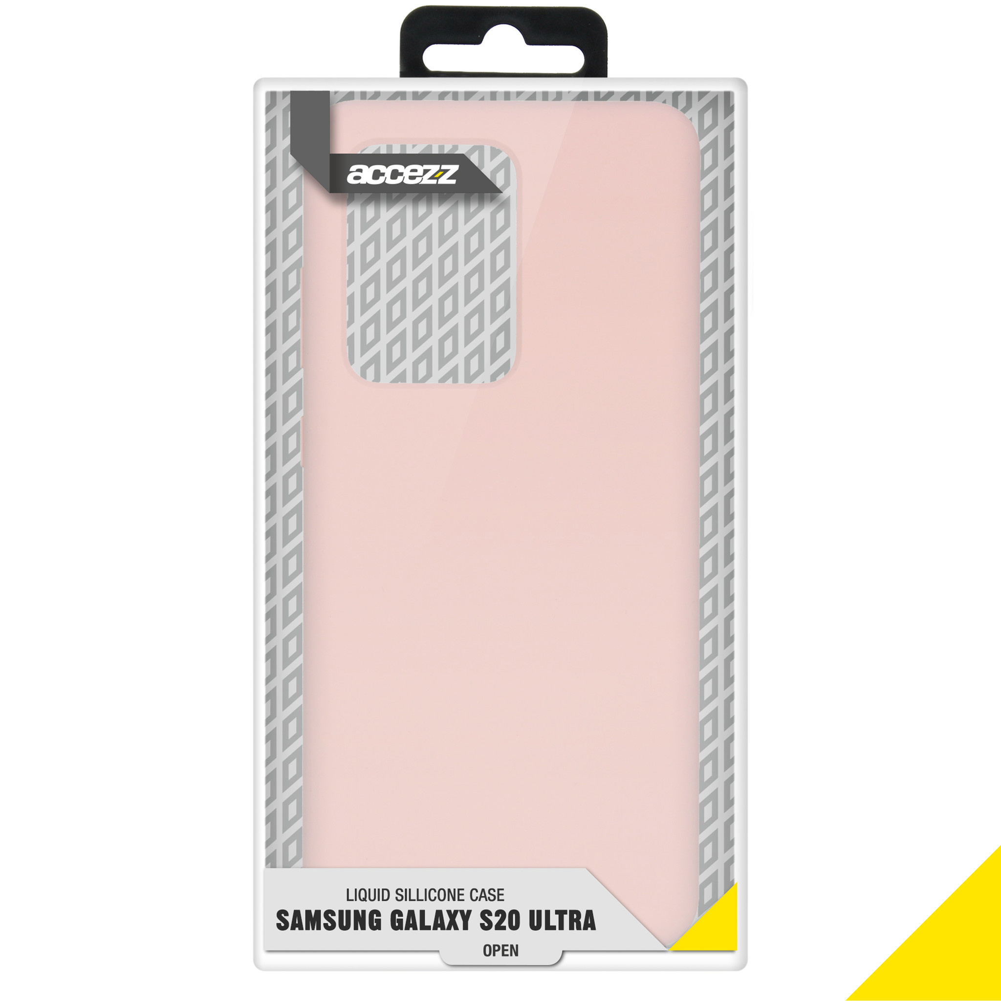 Een roze telefoonhoes in een doorzichtige plastic doos. De naam van de hoes staat op de doos.