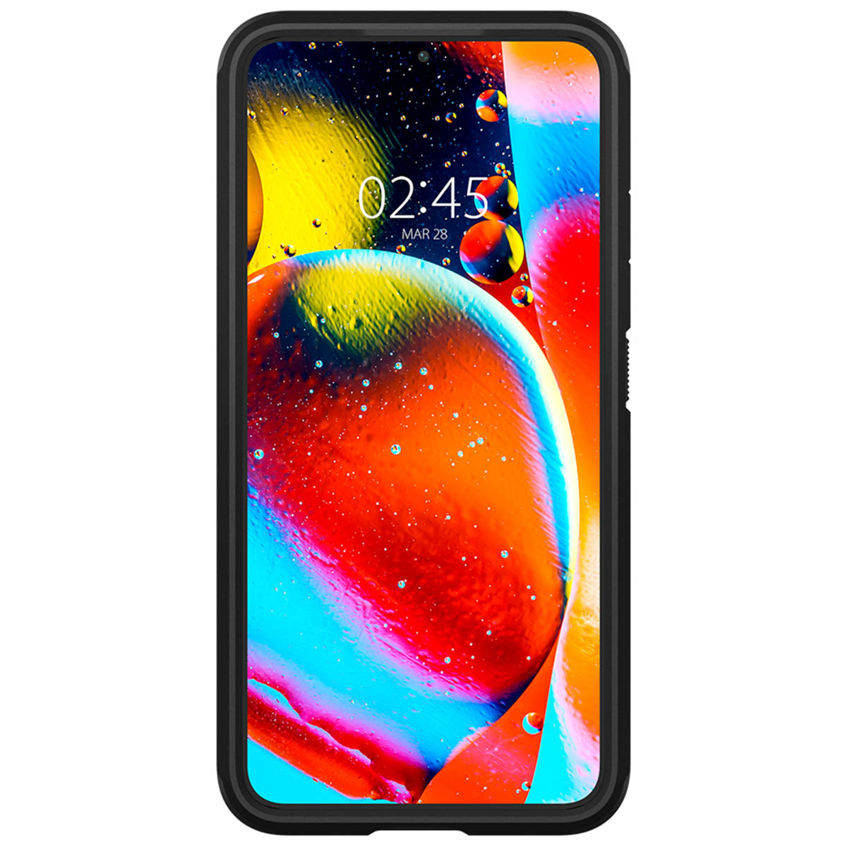 Uno smartphone con custodia, che mostra un design astratto e colorato con bolle e liquidi sullo schermo.
