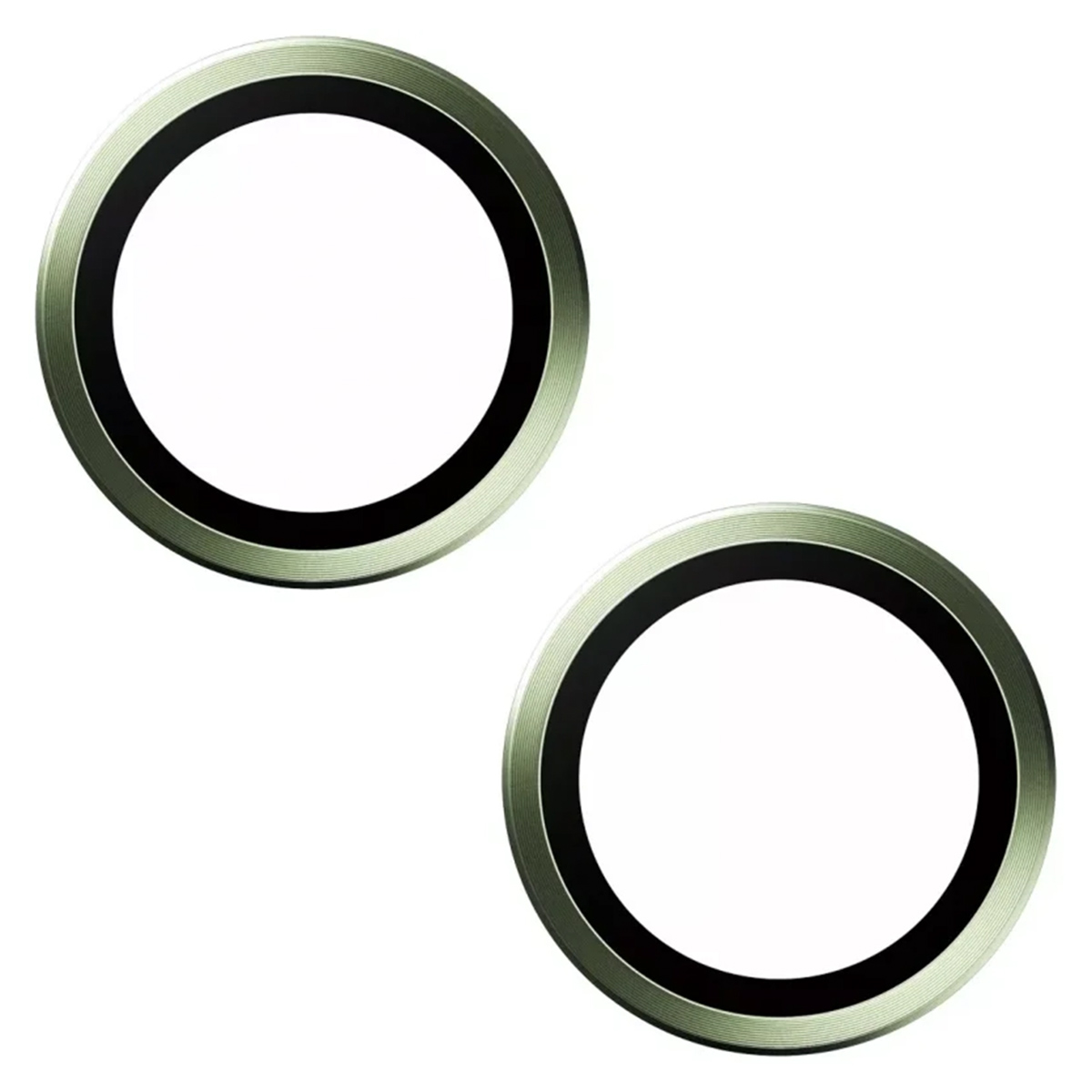 Twee zilverkleurige cameralensbeschermers. De beschermers zijn van metaal met een zwarte ring.
