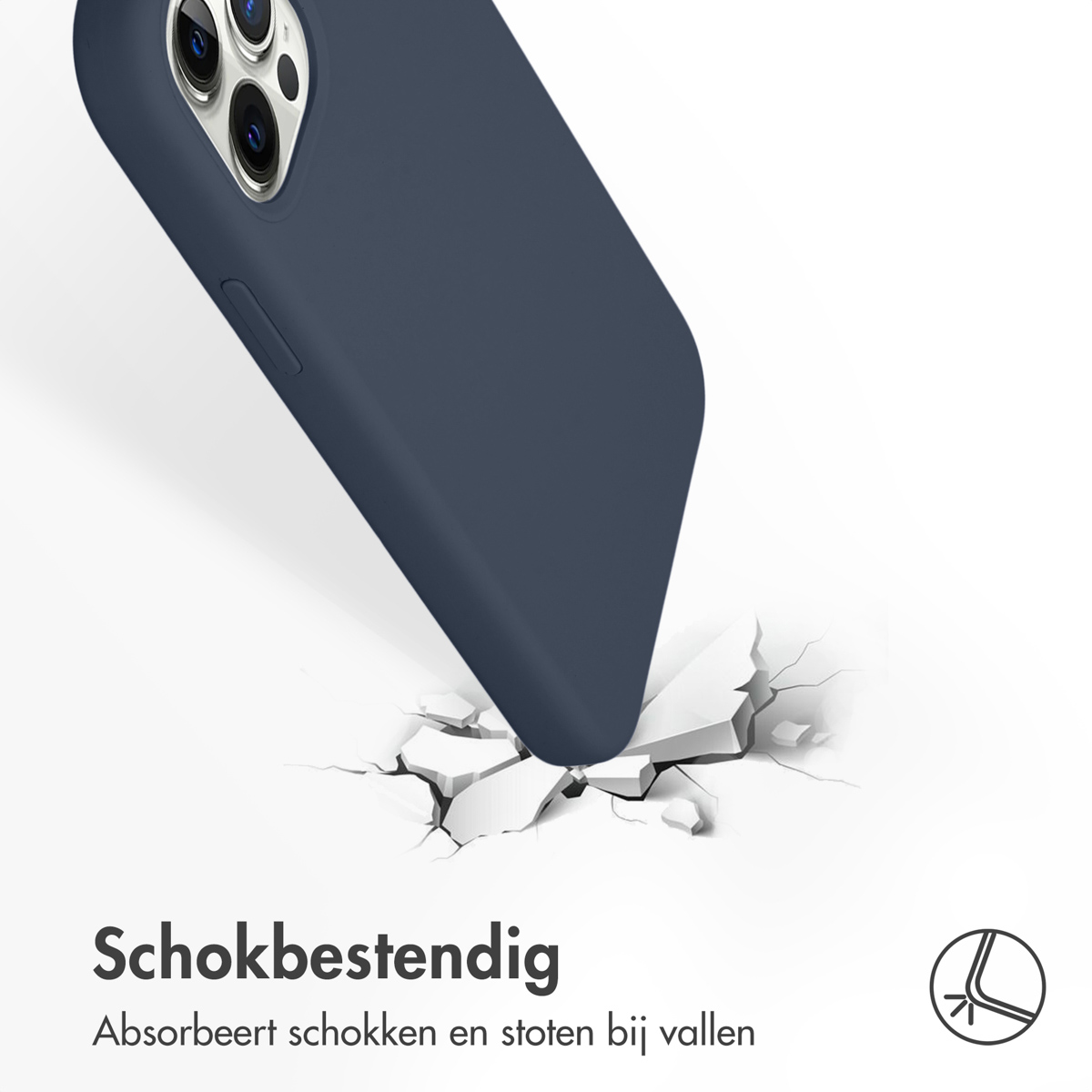 Een marineblauw telefoonhoesje met een telefoon erin, dat valt en het oppervlak scheurt.