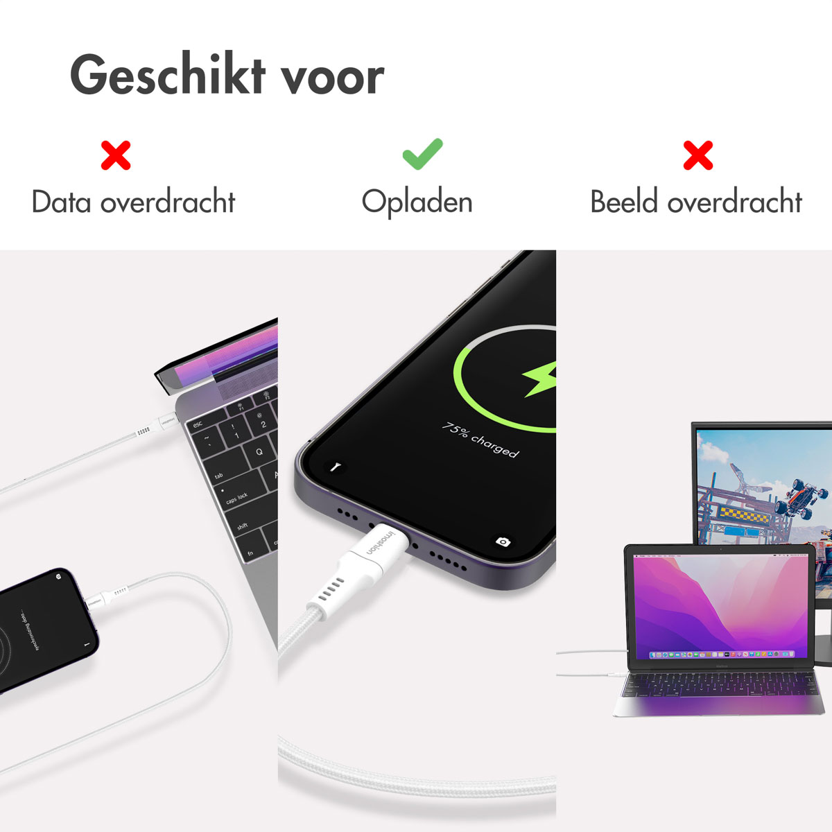 L'image montre la charge avec un câble blanc, un ordinateur portable et un moniteur avec un téléphone.