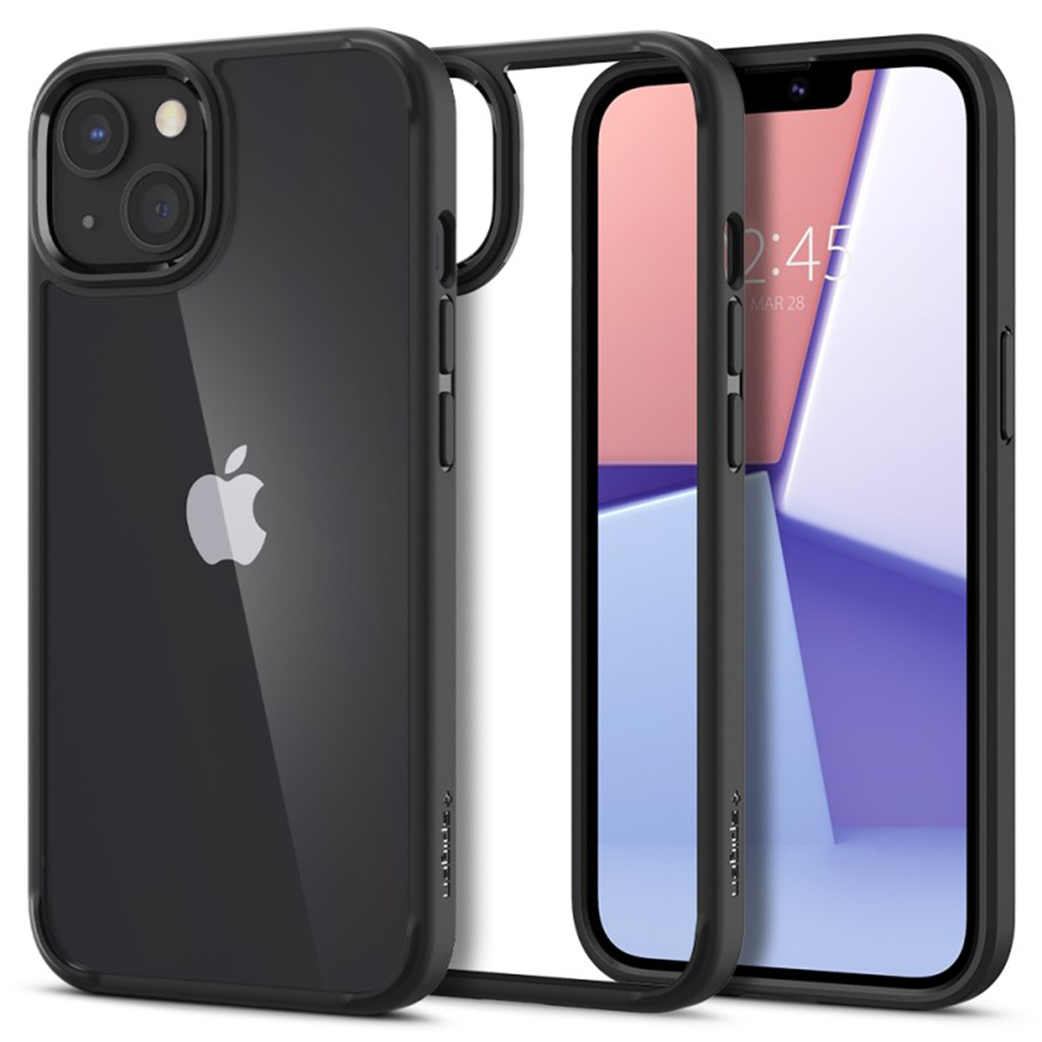 Przezroczyste etui na telefon. Telefon z logo Apple w czarnym etui. Wnętrze etui jest białe.