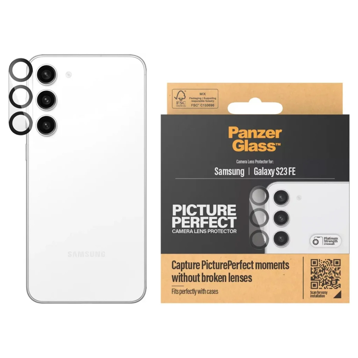 Witte Samsung-telefoon en cameralensbeschermers. De verpakking toont de lensbeschermers en de telefoon.