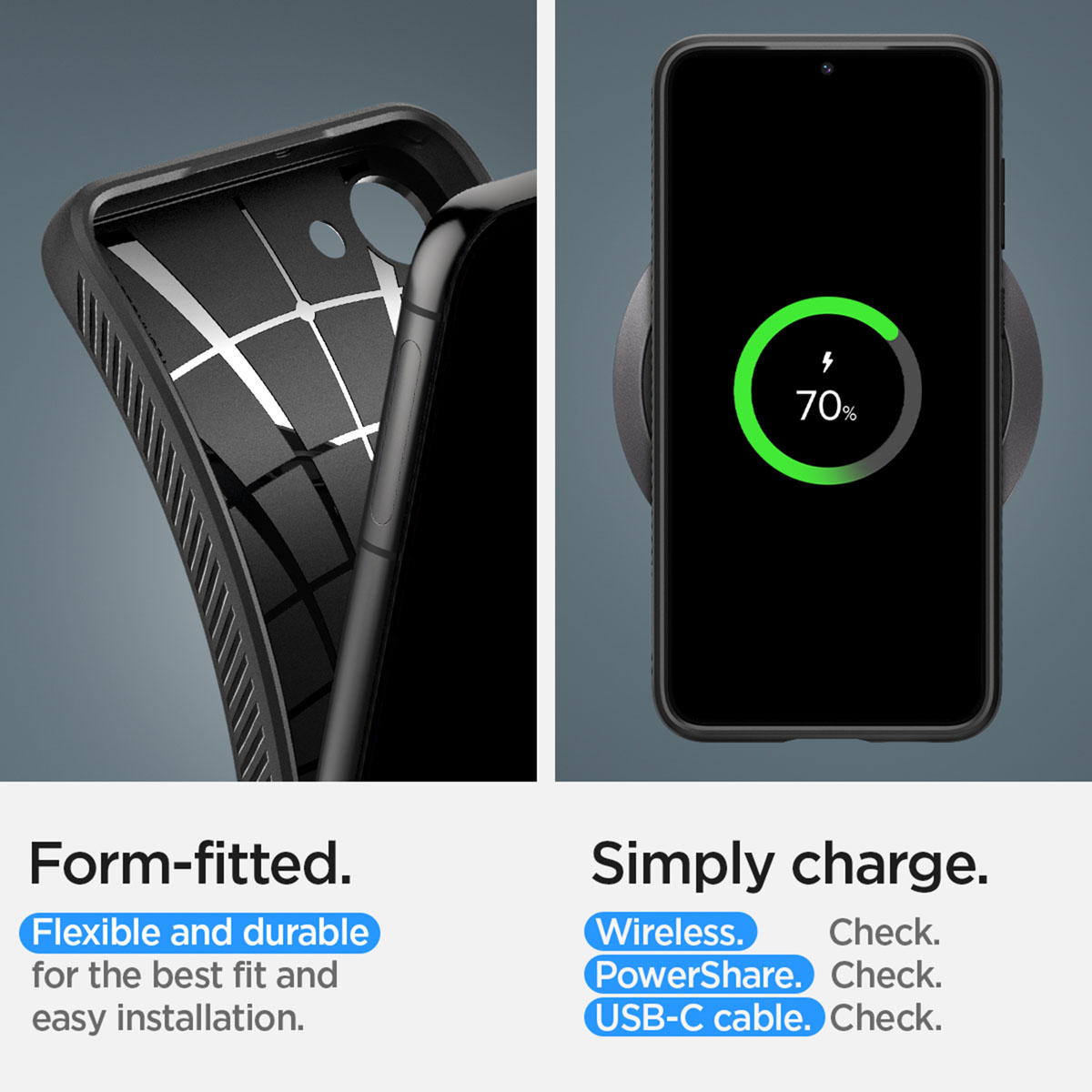 Telefoon draadloos opladen. Telefoon in hoes en oplader met 70%.