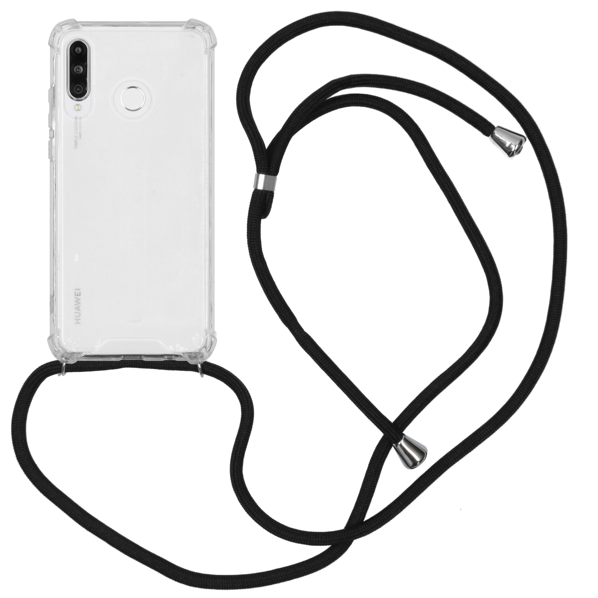 Een doorzichtig telefoonhoesje met een zwart koord bevestigd, met een telefoon.