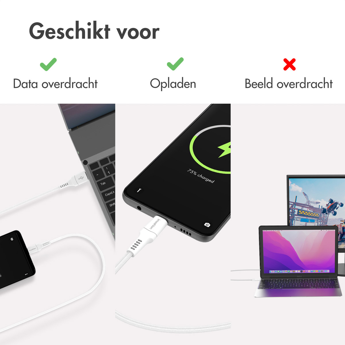 Un câble de charge blanc avec un téléphone et un ordinateur portable. Le texte montre quelles fonctions sont prises en charge par le câble.
