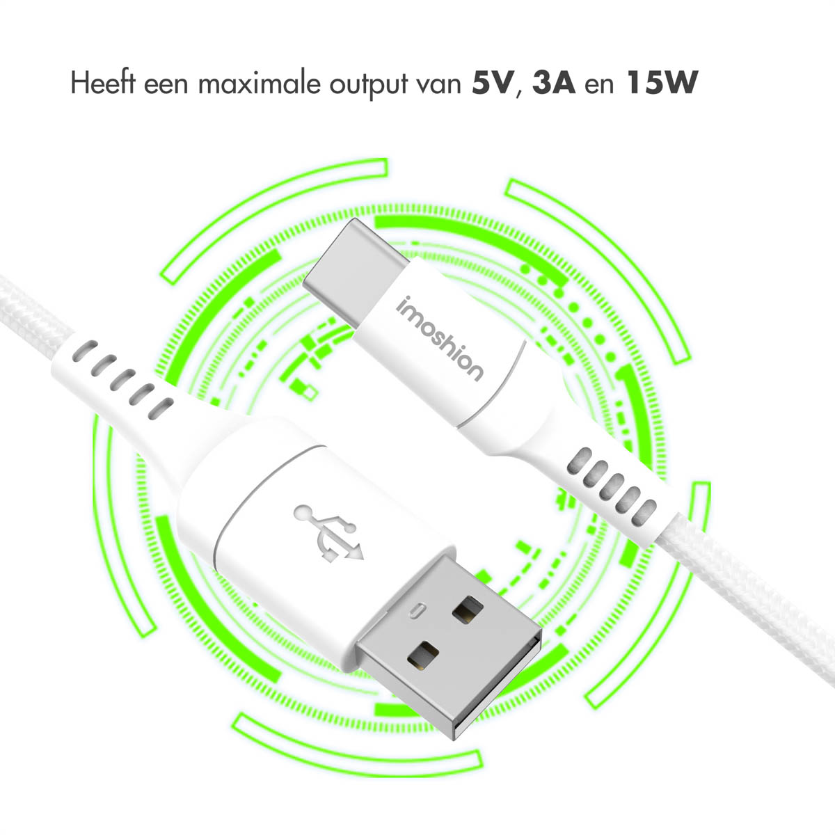 Câble USB vers USB-C blanc avec un graphique circulaire vert et du texte.