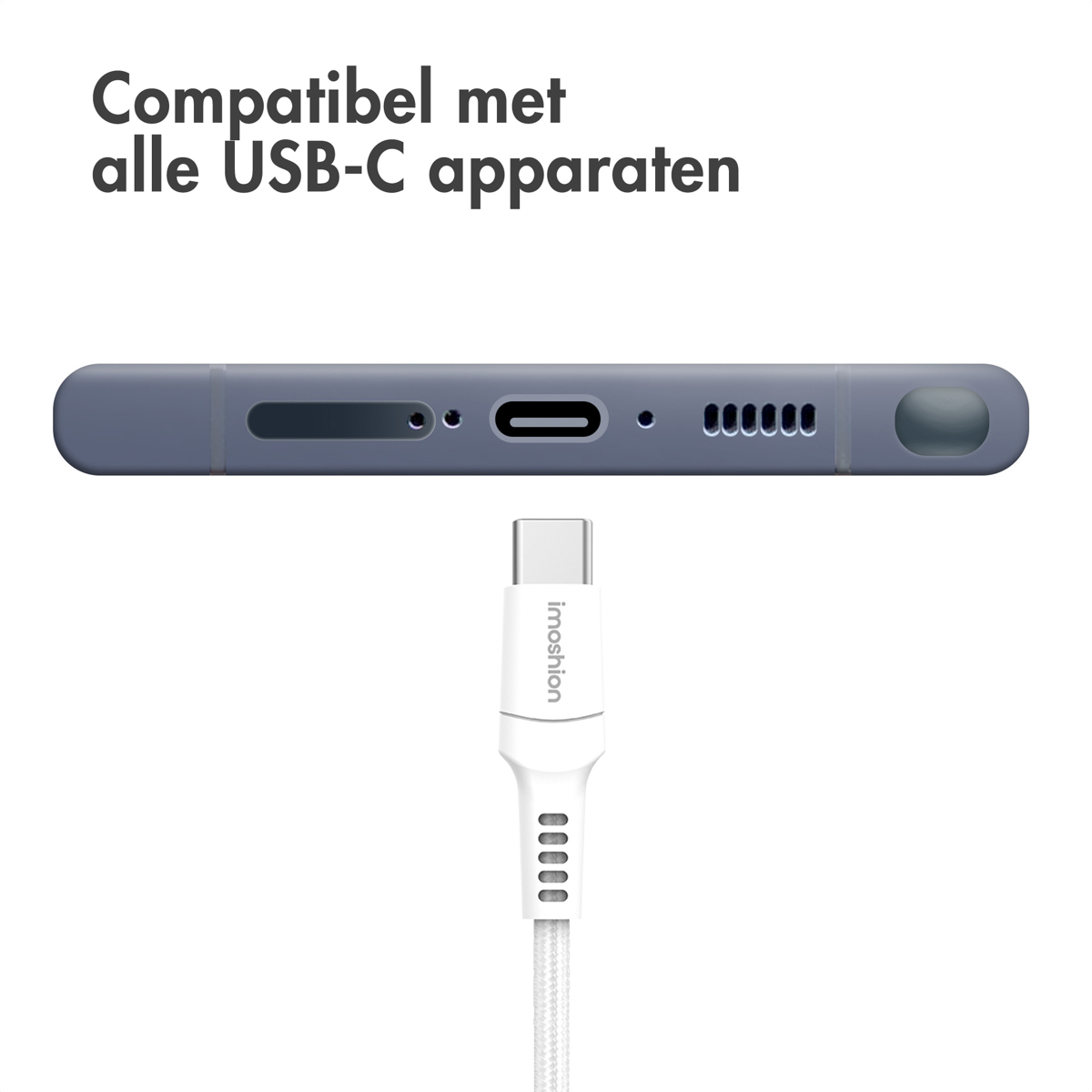 Un téléphone gris avec un port USB-C et un câble blanc. Le texte indique qu'il est compatible.