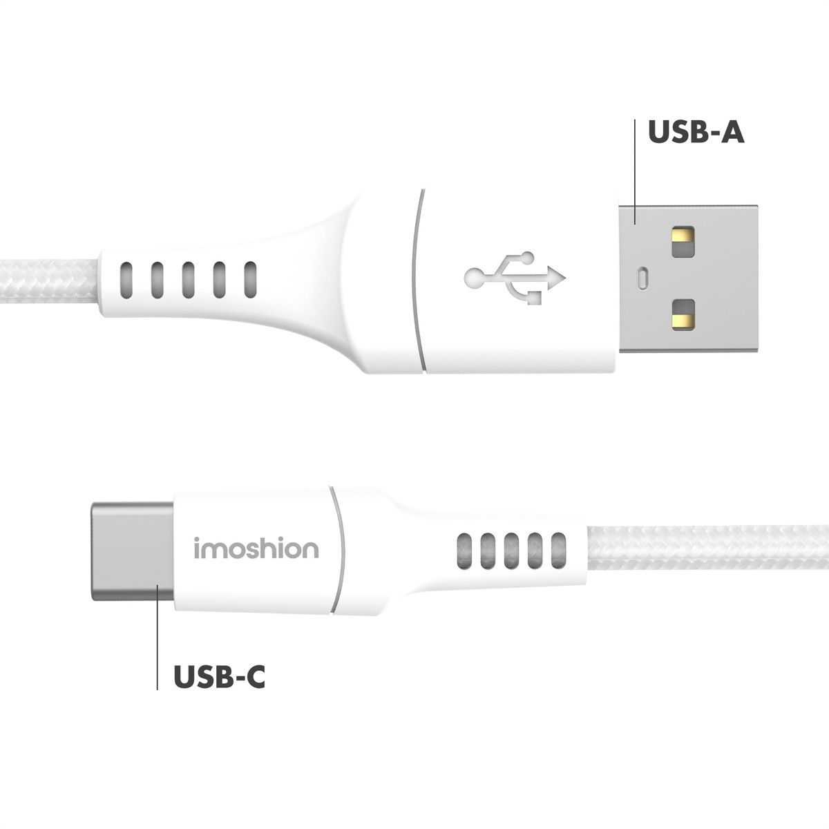 Câble USB blanc avec connecteurs USB-A et USB-C.