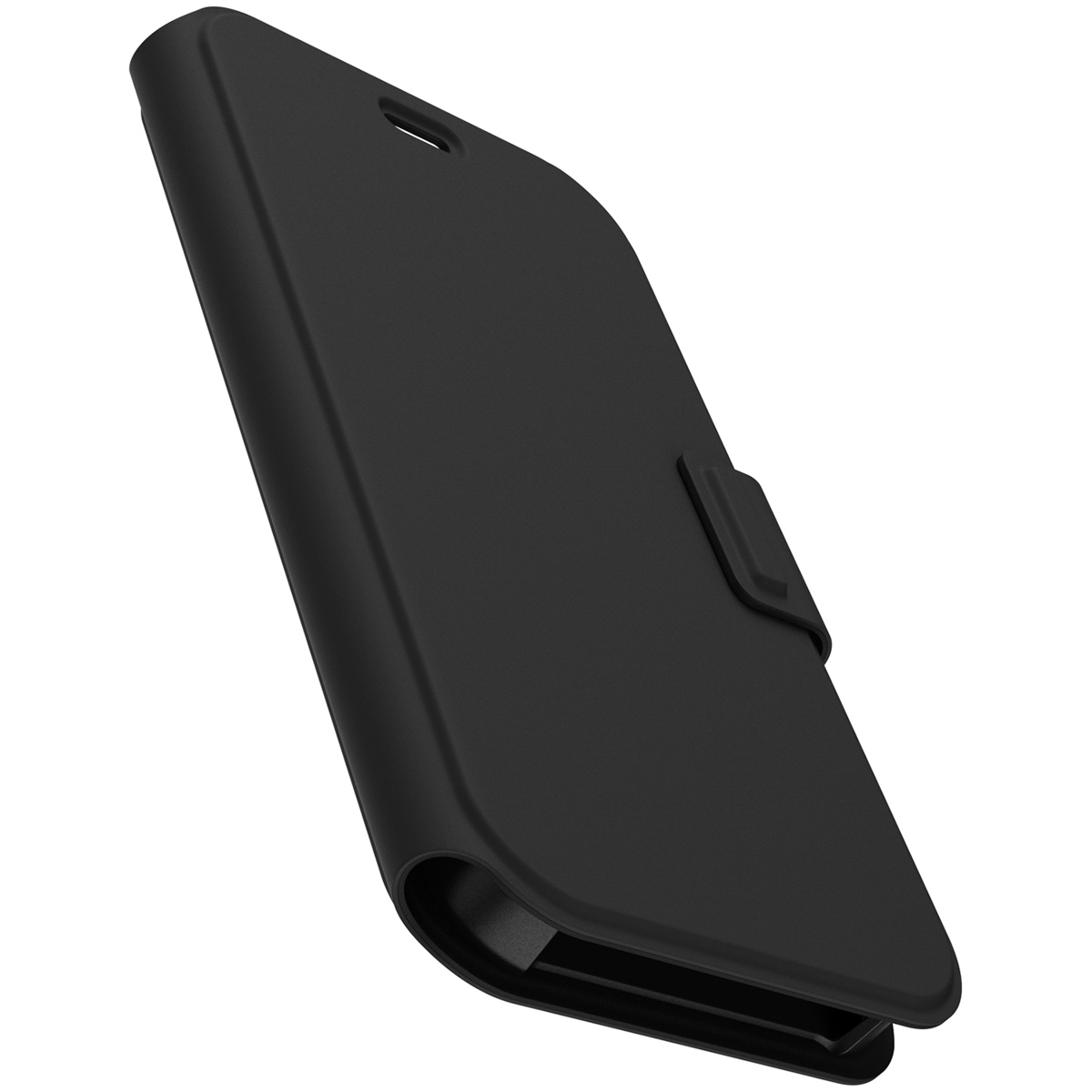 Una custodia nera per telefono, chiusa. Il foro della fotocamera è visibile.