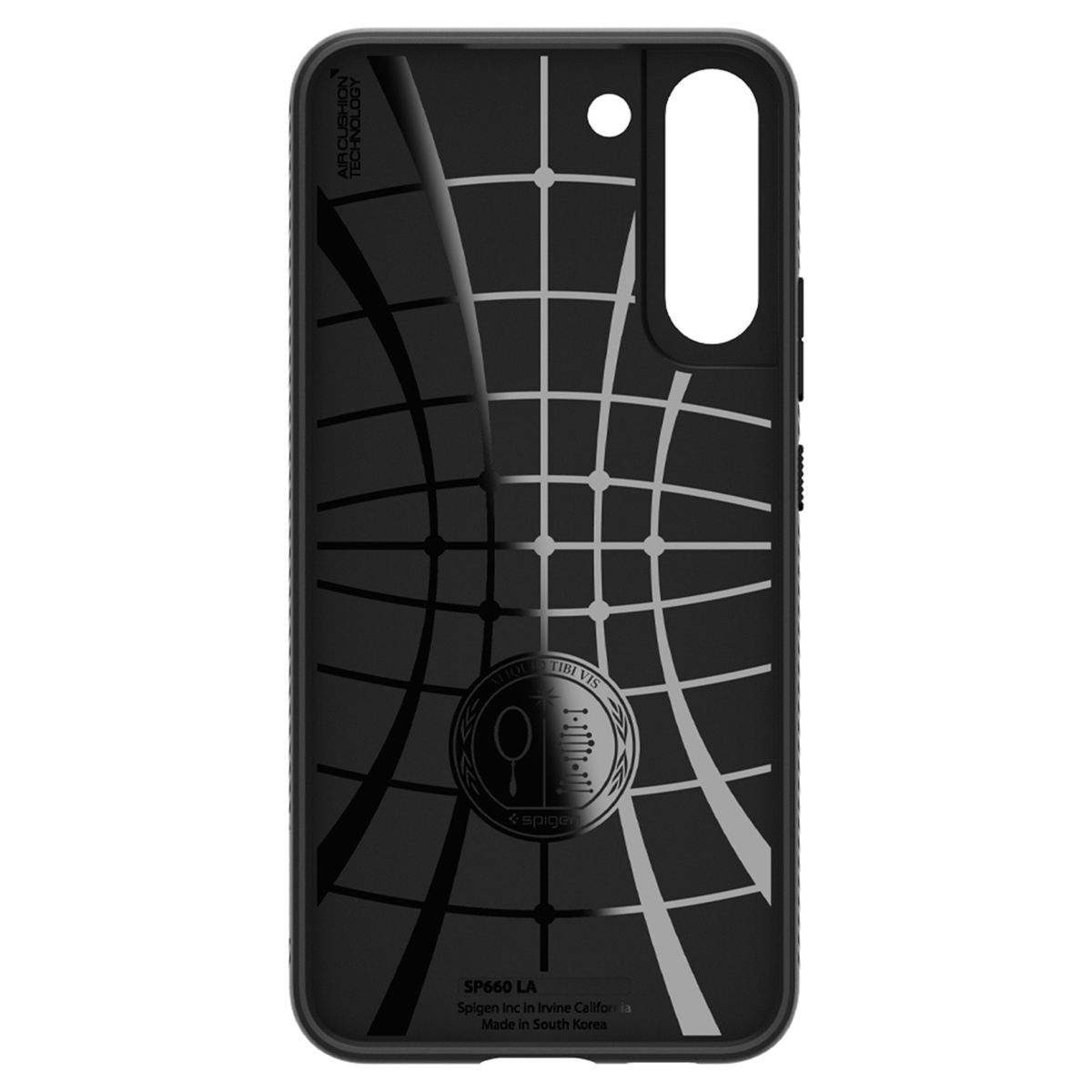 Schwarze Handyhülle mit Gittermuster und Spigen-Logo. Die Hülle hat eine glänzende, reflektierende Oberfläche.