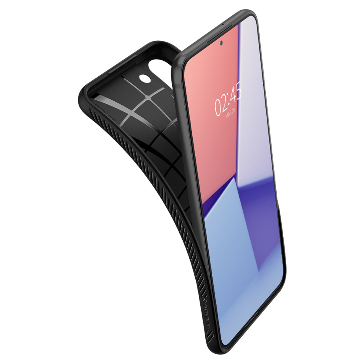 Eine schwarze Handyhülle mit einem Telefon darin, mit einem schwarz-roten Hintergrund.
