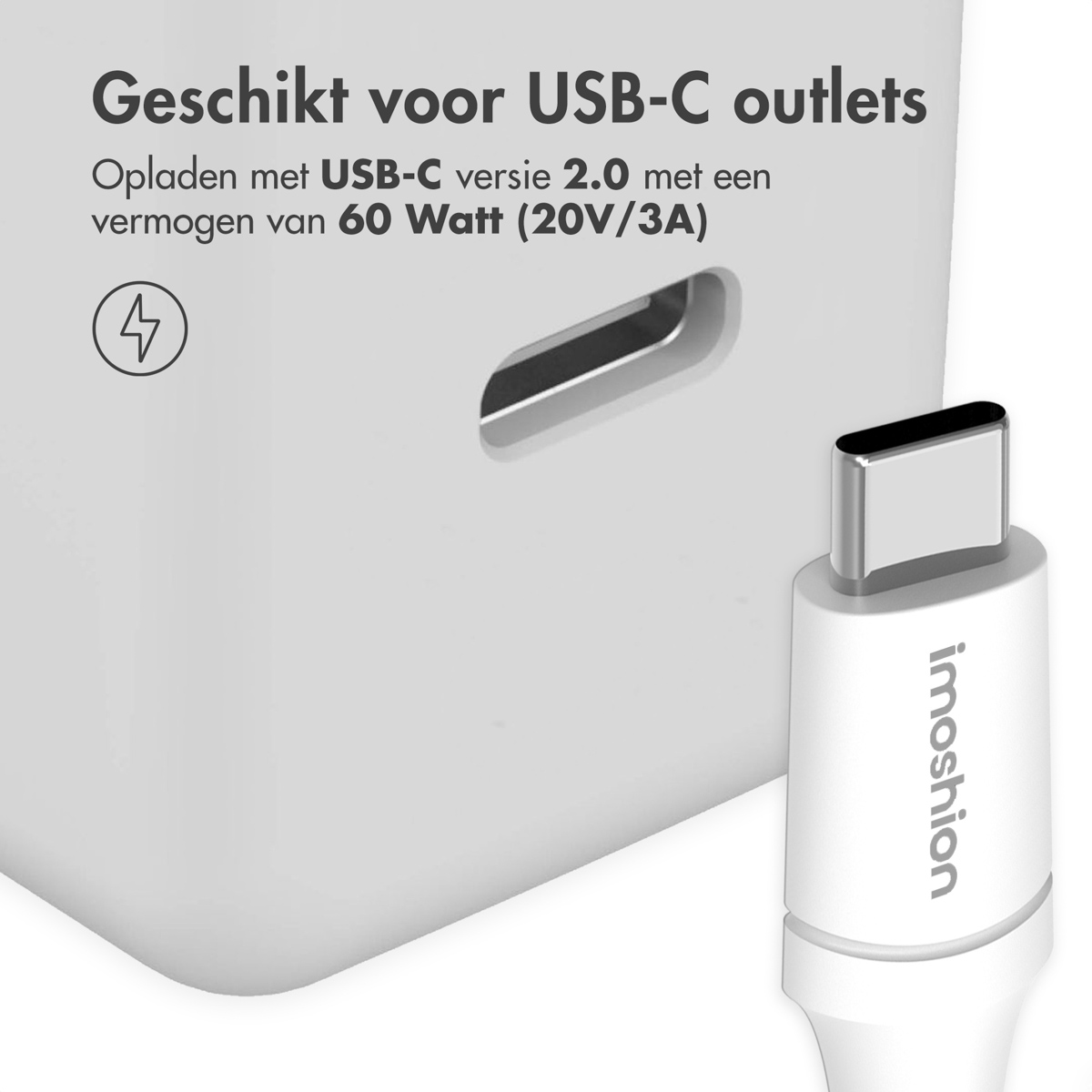 Witte oplader en kabel. USB-C-connector. Witte achtergrond. imoshion merk zichtbaar.