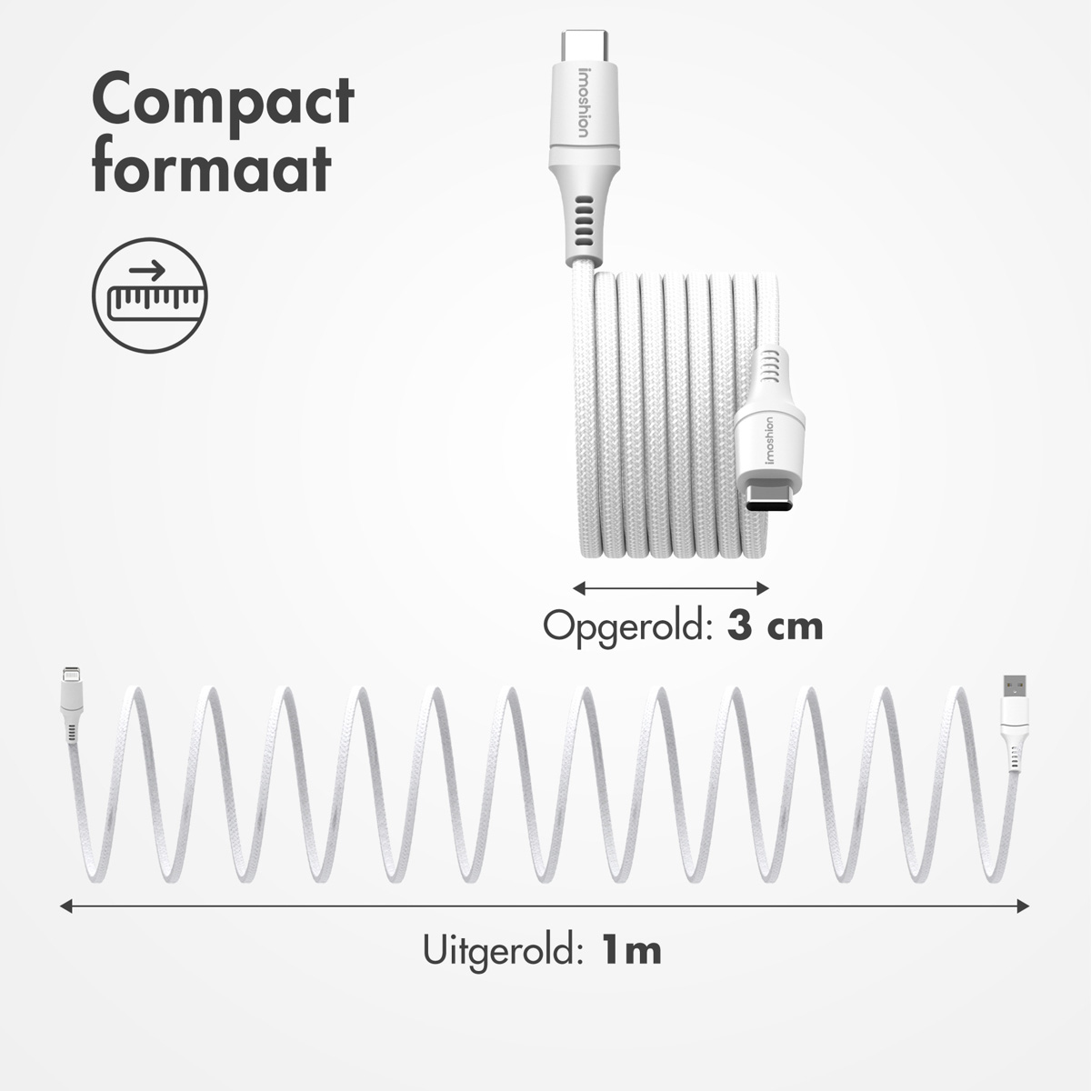Een witte opgerolde USB-C-kabel met een witte achtergrond, een liniaal met afmetingen.
