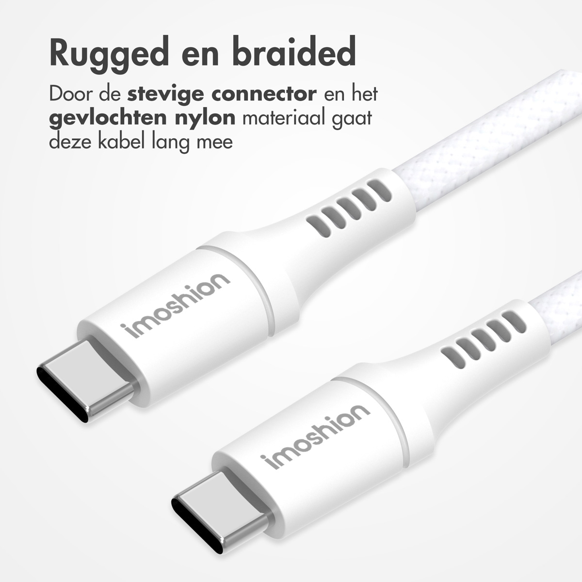 Witte gevlochten USB-C-kabels met 'imoshion' op de connectoren. Ze staan op een witte achtergrond.