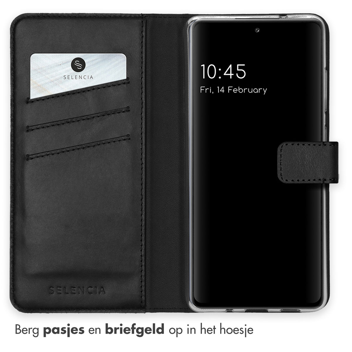 Étui de téléphone noir, ouvert, avec une carte et un téléphone affichant l'heure et la date.