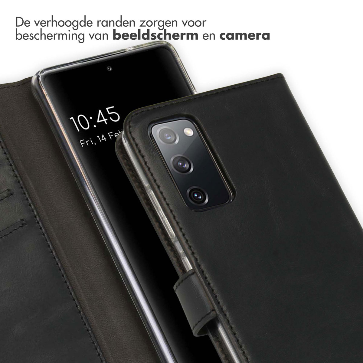 Téléphone dans un étui noir. Écran visible, affichant l'heure. Texte en néerlandais : Protéger l'écran et l'appareil photo.