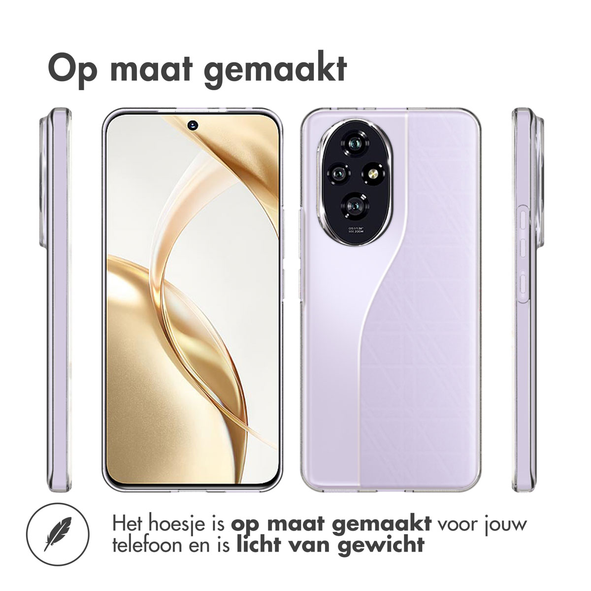Coque de téléphone avec un téléphone à l'intérieur. Le téléphone est dans une coque transparente. Le téléphone est violet clair.