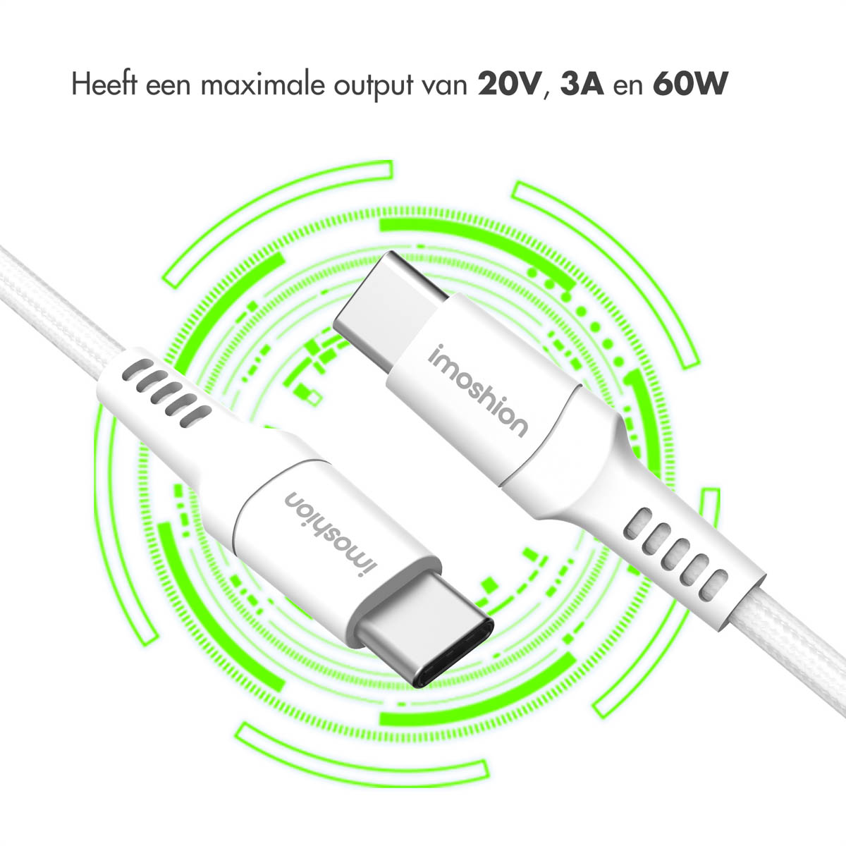 Câbles USB-C blancs avec graphique d'énergie verte.