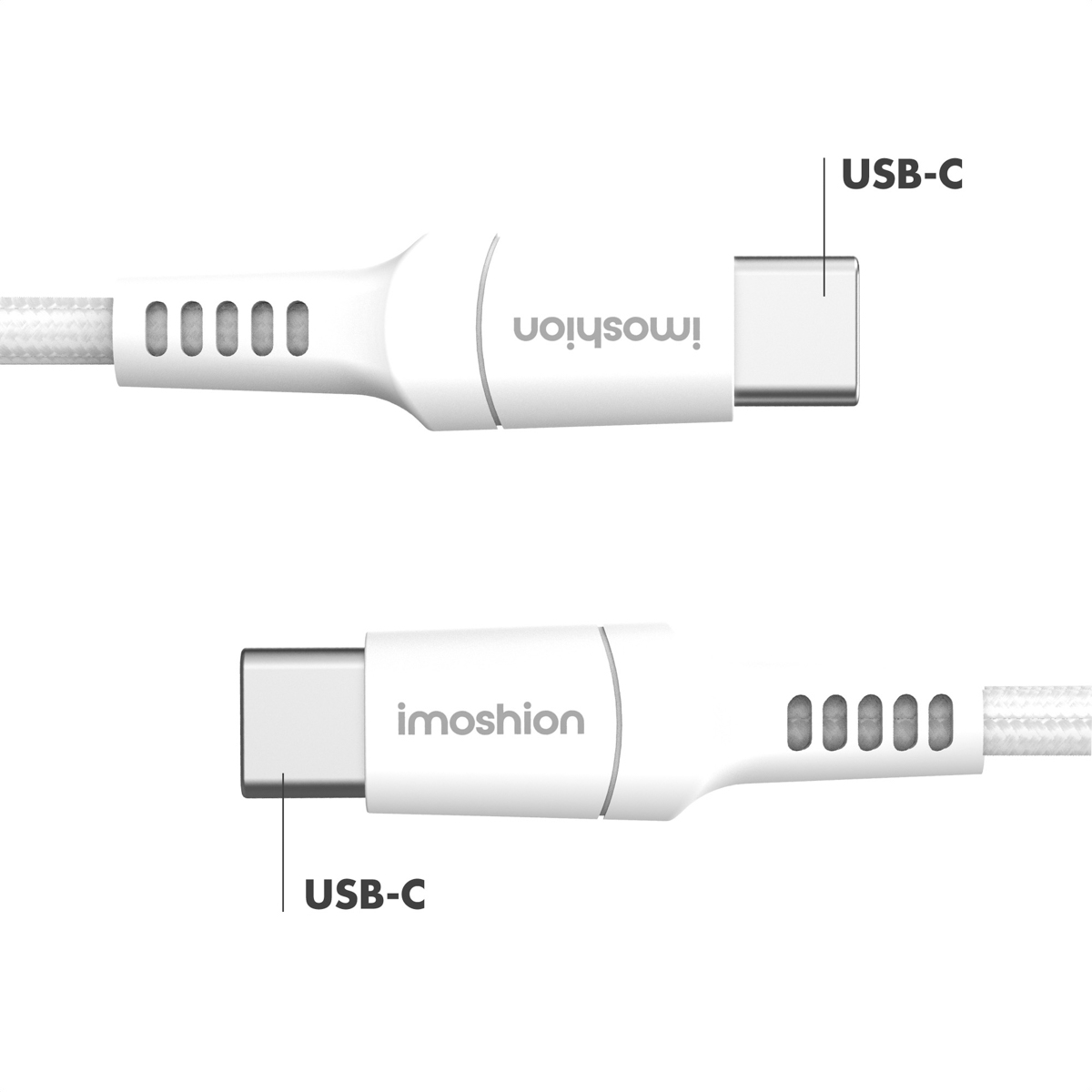 Deux connecteurs USB-C blancs, étiquettes et câble.