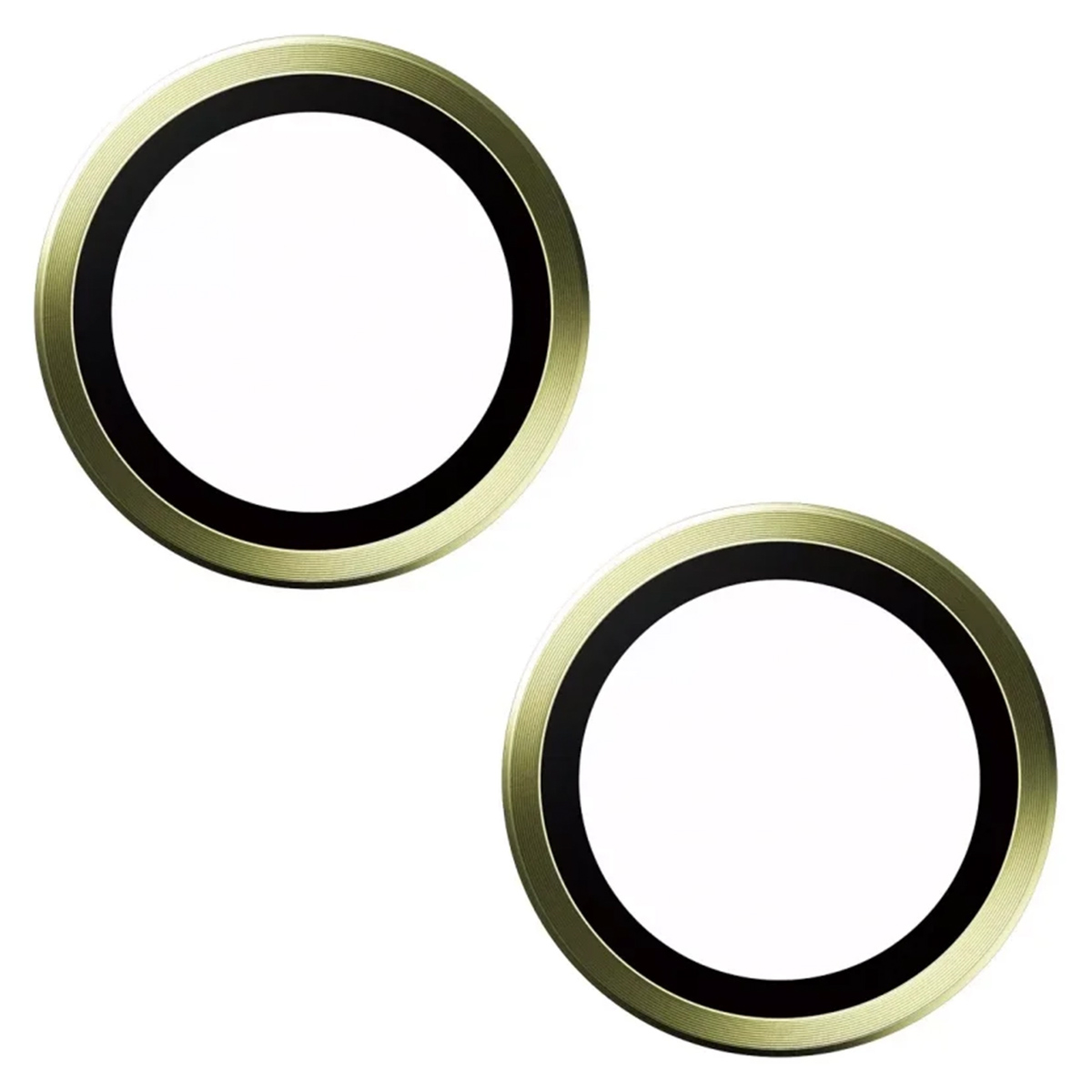 Twee gouden ringen. Elk heeft een zwarte binnenring. Witte achtergrond.