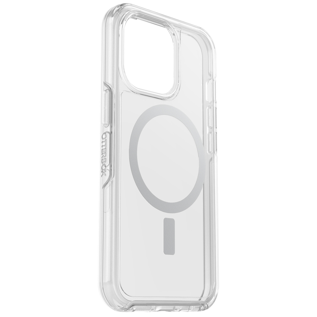 Een doorzichtige telefoonhoes met een cirkelvormig ontwerp op een wit oppervlak.