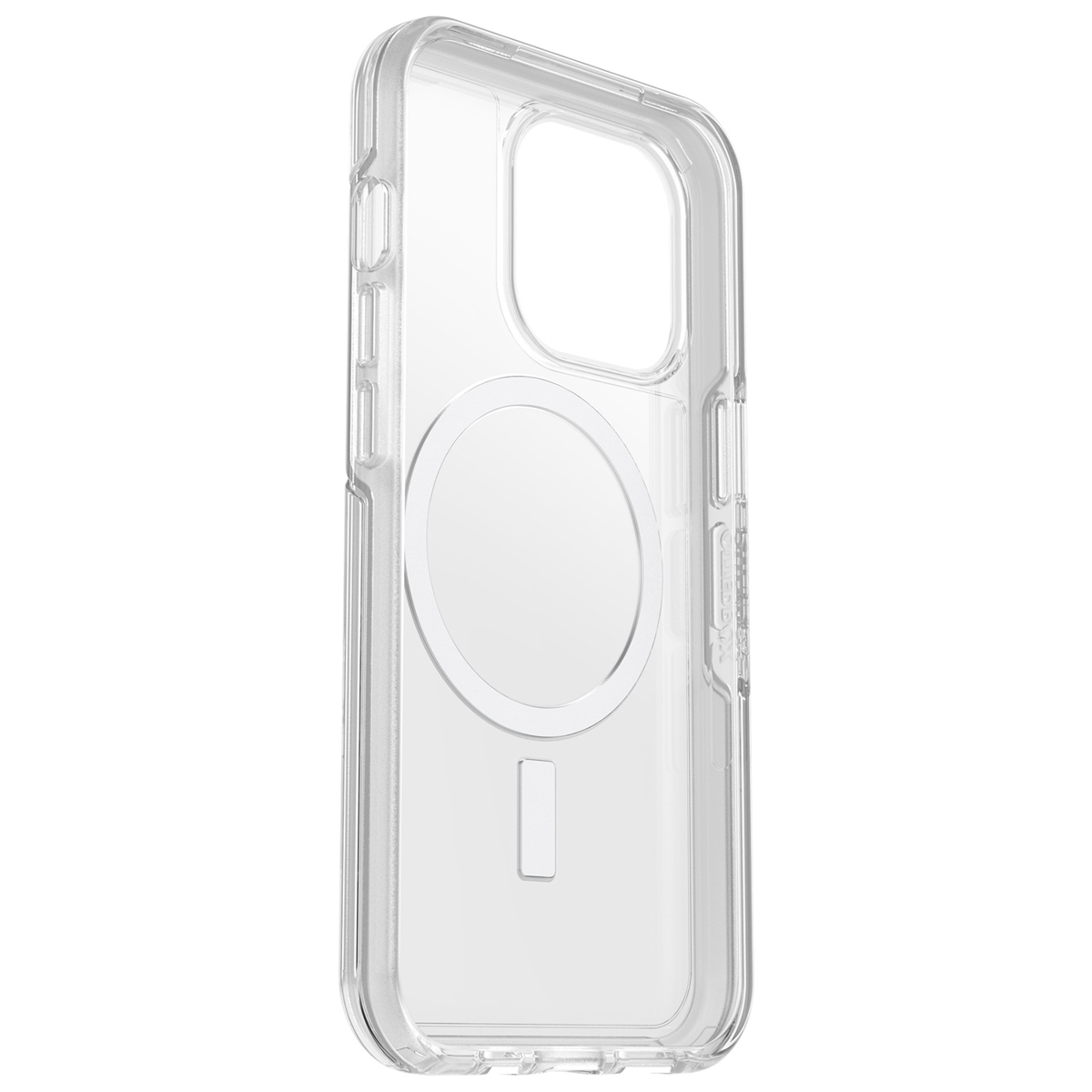 Transparante telefoonhoes. De hoes heeft een camera-uitsparing en een MagSafe-cirkel.