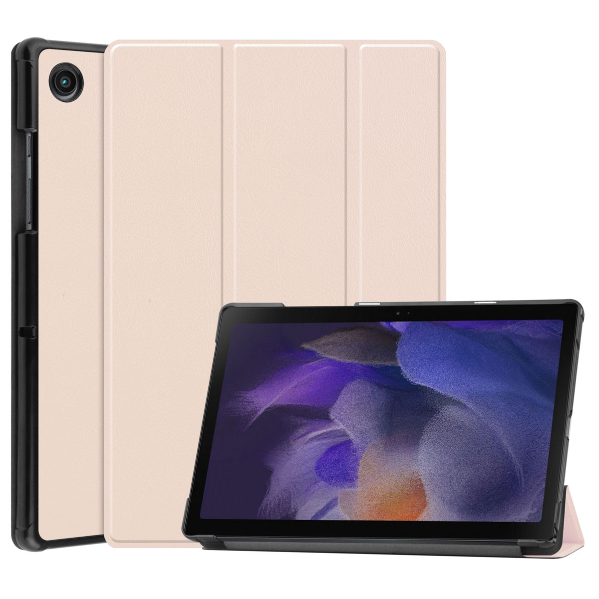 Tablet met roze hoes, opgevouwen. Achtergrond is wit.
